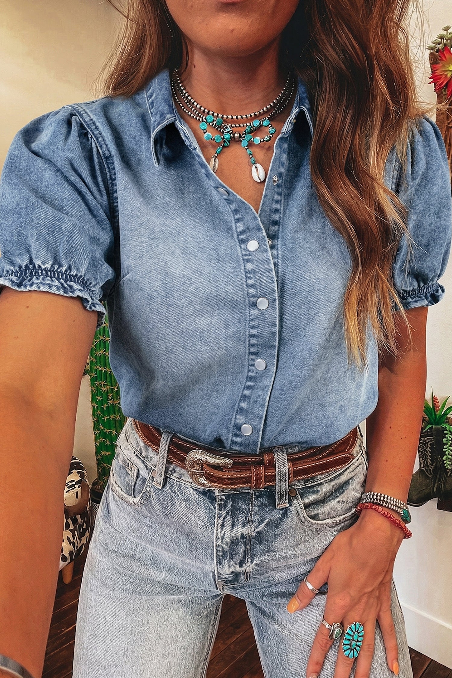 LivelyLooks Beau Blue Frilled Short Sleeve Snap Button Denim Shirt women's fashion