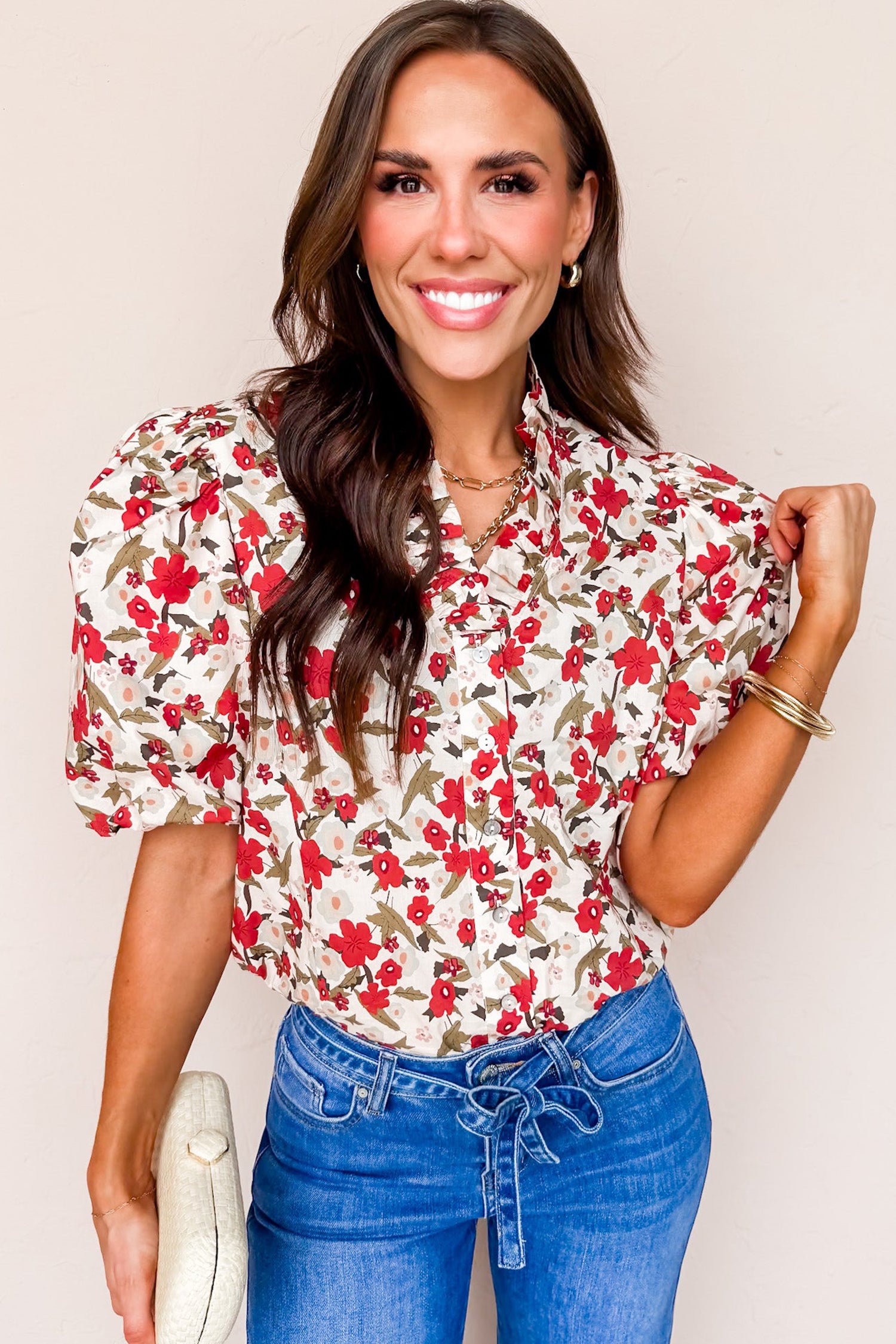 Shop Red Floral Print Short Puff Sleeve Button Front Shirt at LivelyLooks