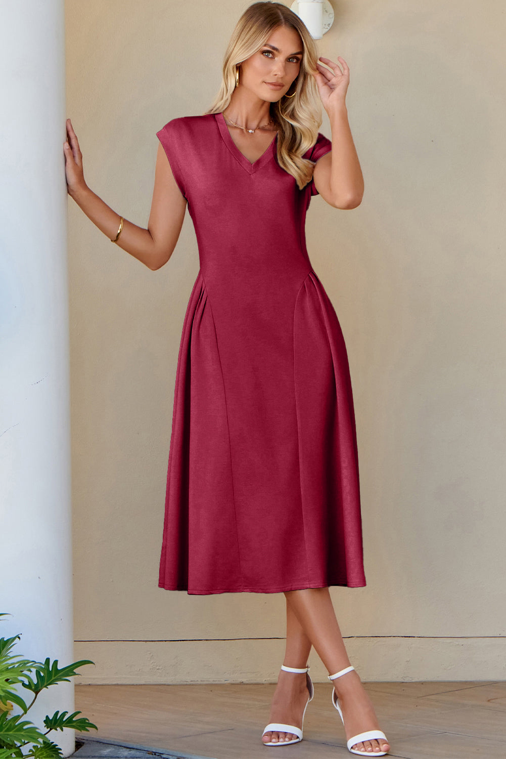 Burgundy V Neck Pleated Flared Midi Dress S-2XL