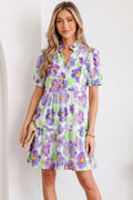 Purple Floral V Collar Short Sleeve Tiered Ruffle Mini Dress S-XL