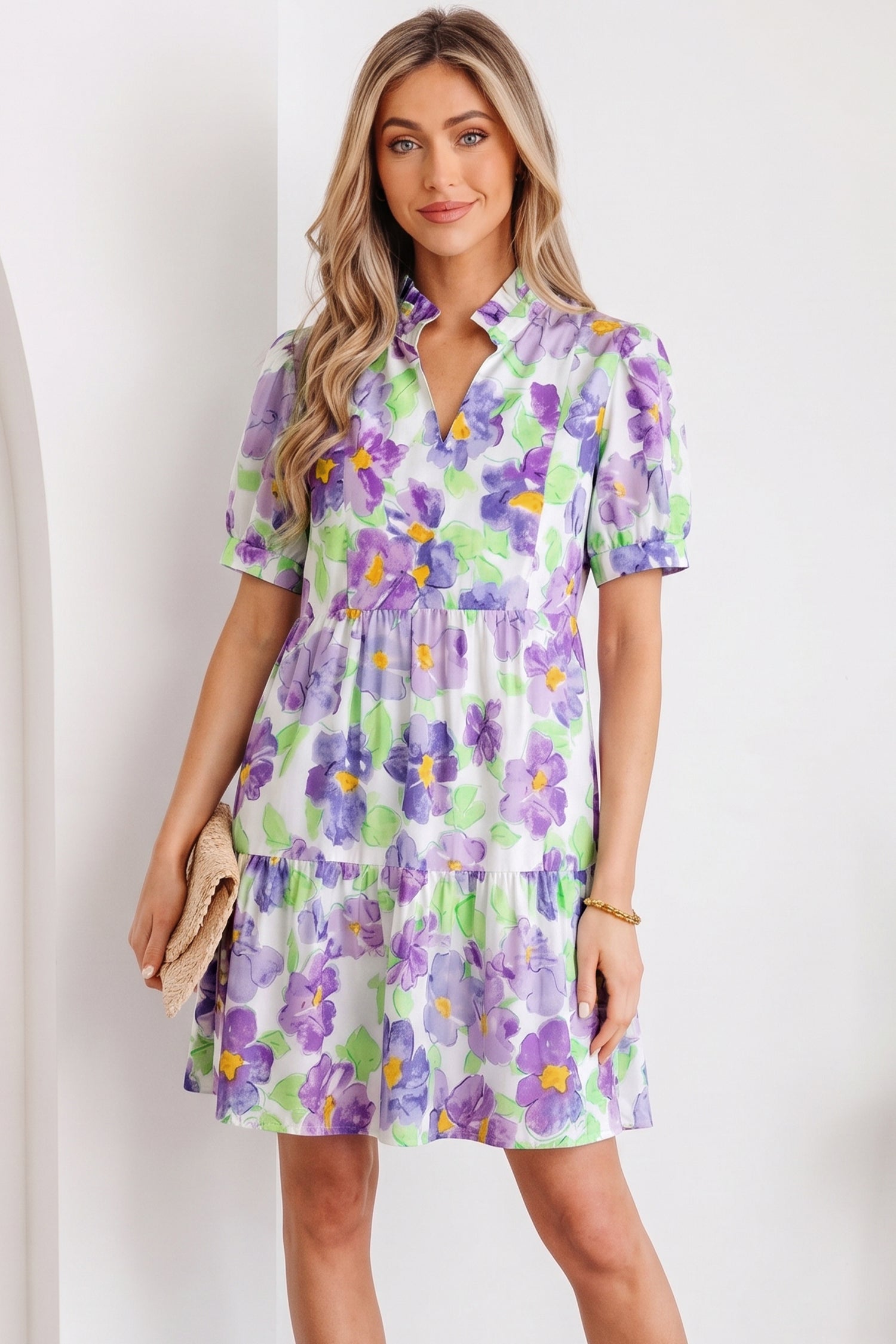 Purple Floral V Collar Short Sleeve Tiered Ruffle Mini Dress S-XL