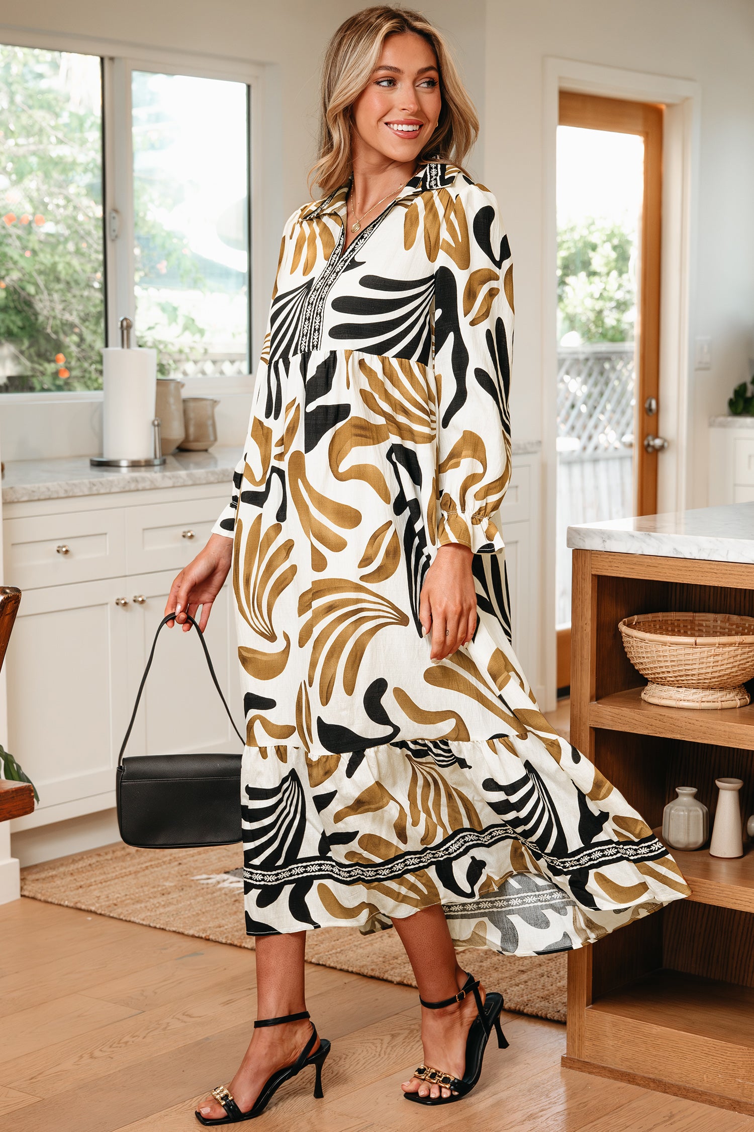 Women's Brown Tropical Printed Contrast Trim Neck Long Sleeve Ruffle Hem Dress at LivelyLooks