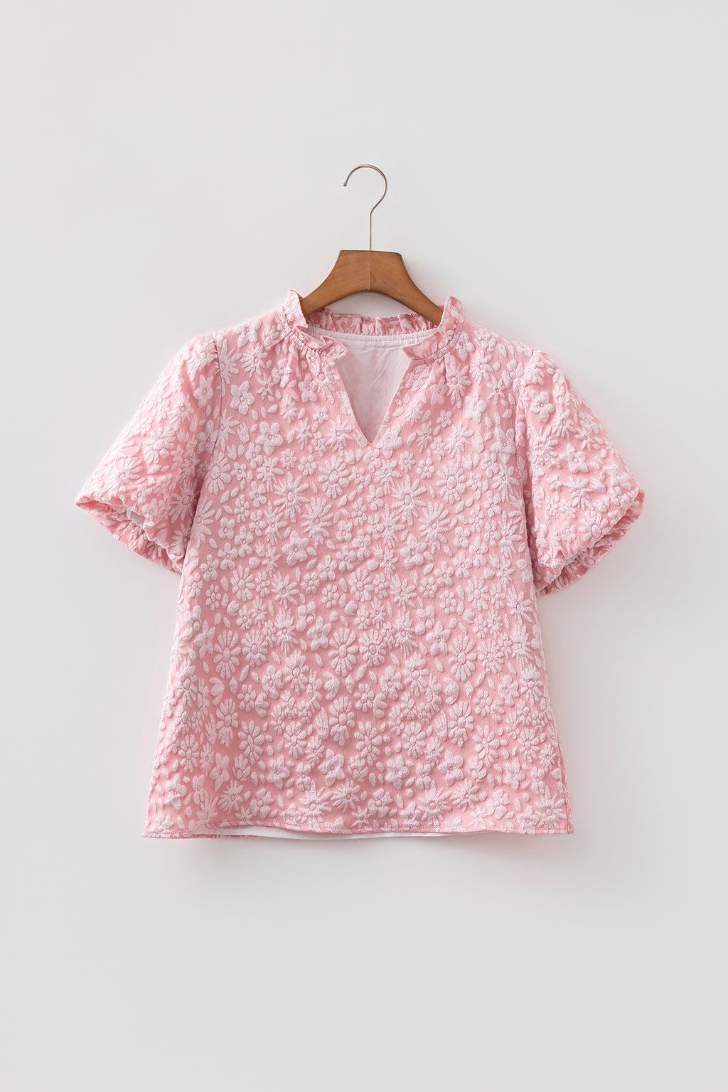 Floral Textured Jacquard Puff Sleeve Blouse Iceland Blue Beige Apricot Pink S-XL