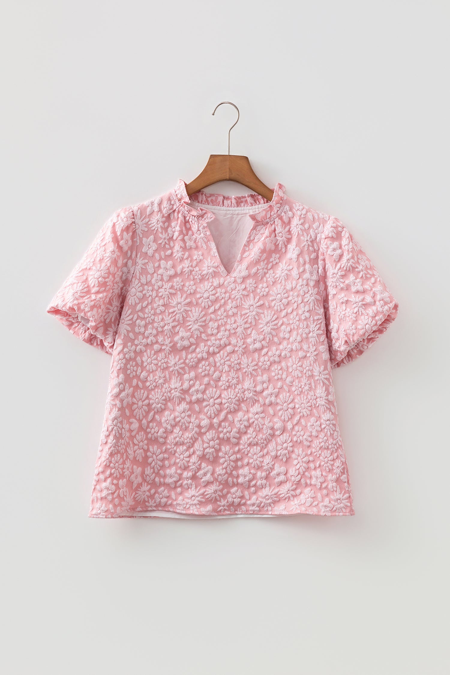 Floral Textured Jacquard Puff Sleeve Blouse Iceland Blue Beige Apricot Pink S-XL