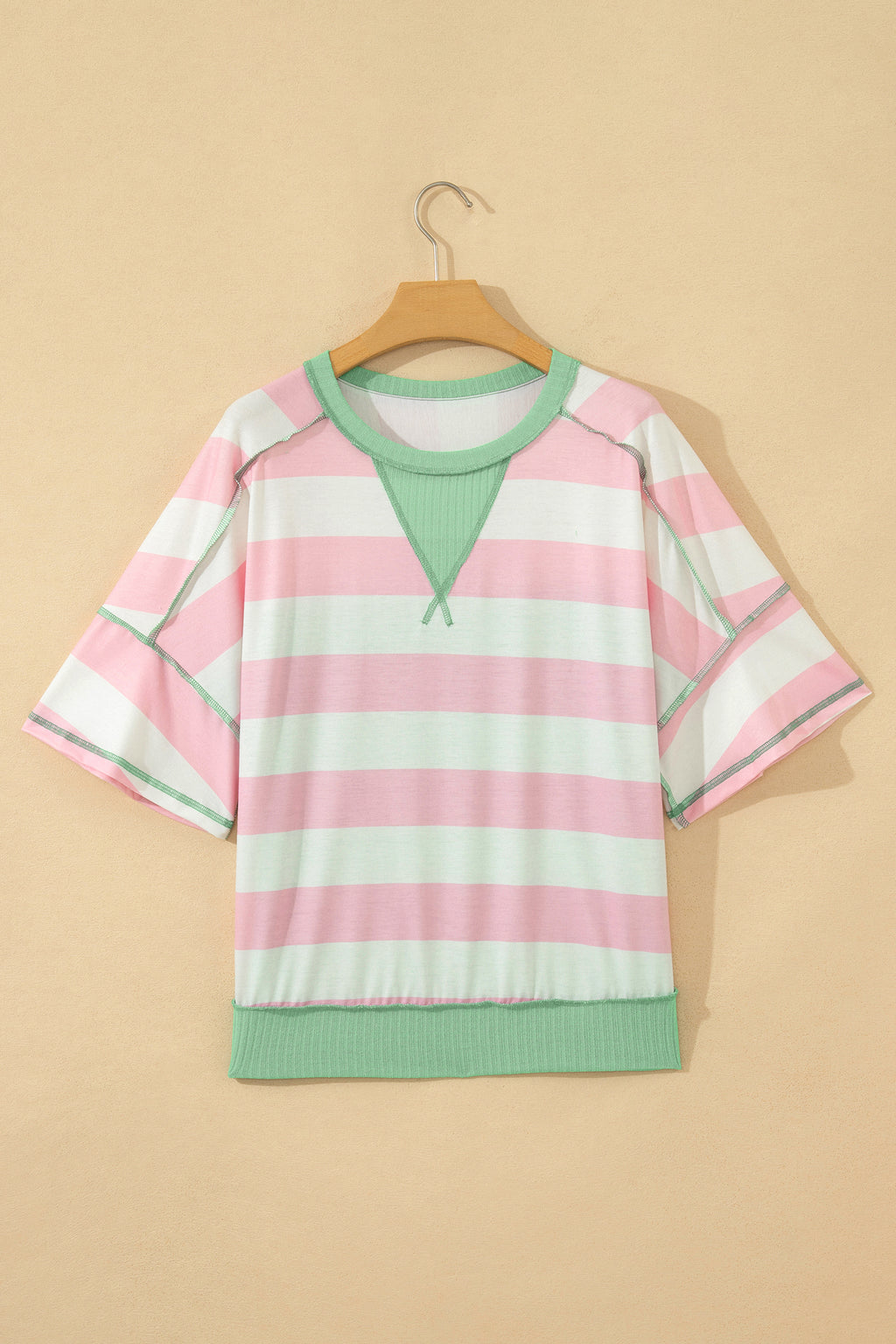 Stripe Colourblock Ribbed Patchwork Exposed Seam Oversized Tee | Pink & Green
