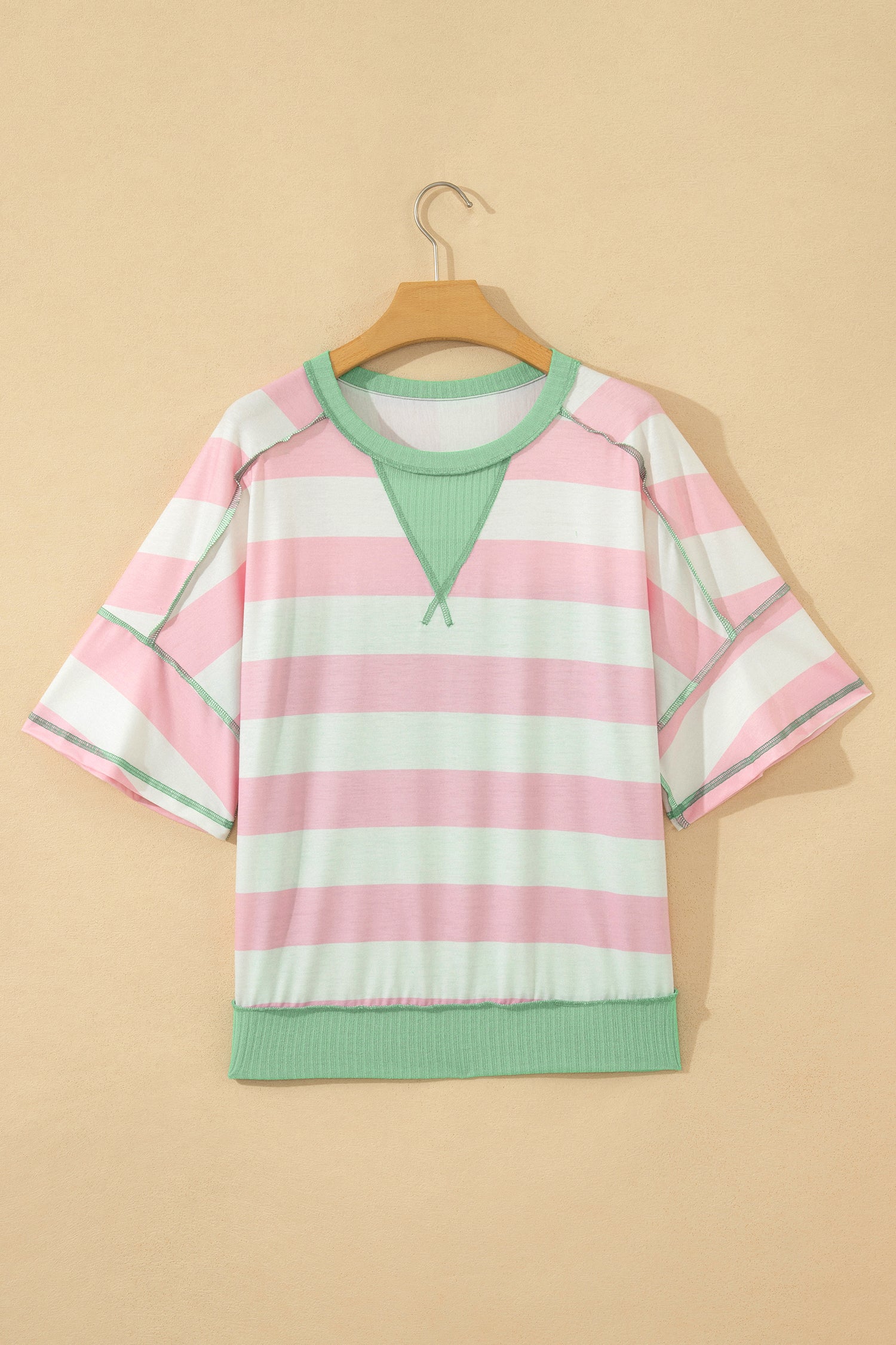 Stripe Colourblock Ribbed Patchwork Exposed Seam Oversized Tee | Pink & Green