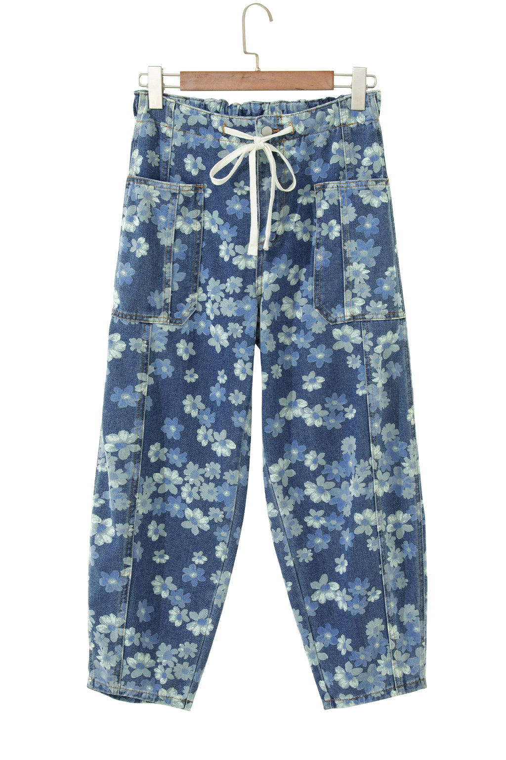 LivelyLooks Sky Blue Dainty Floral Print Drawstring Barrel Jeans Sz 4–16 women's fashion