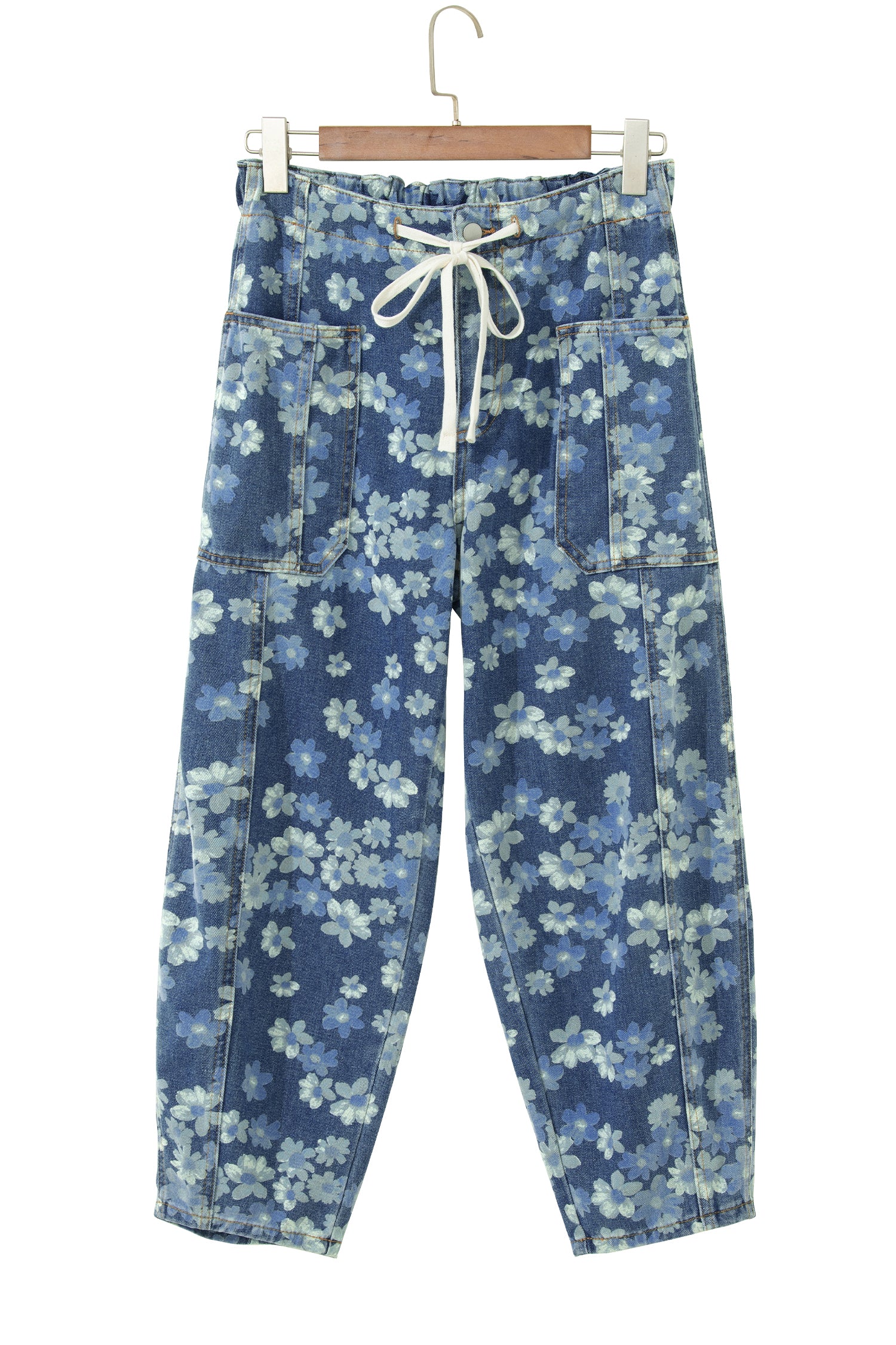 LivelyLooks Sky Blue Dainty Floral Print Drawstring Barrel Jeans Sz 4–16 women's fashion