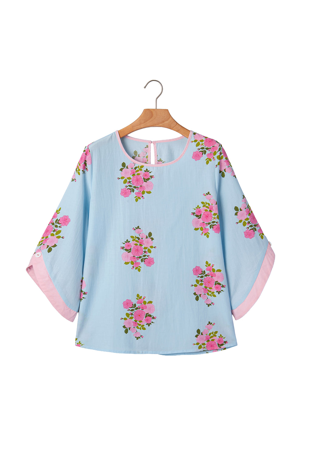 Women's Sky Blue Floral Print Button Cuff 3/4 Sleeve Round Neck Blouse at LivelyLooks