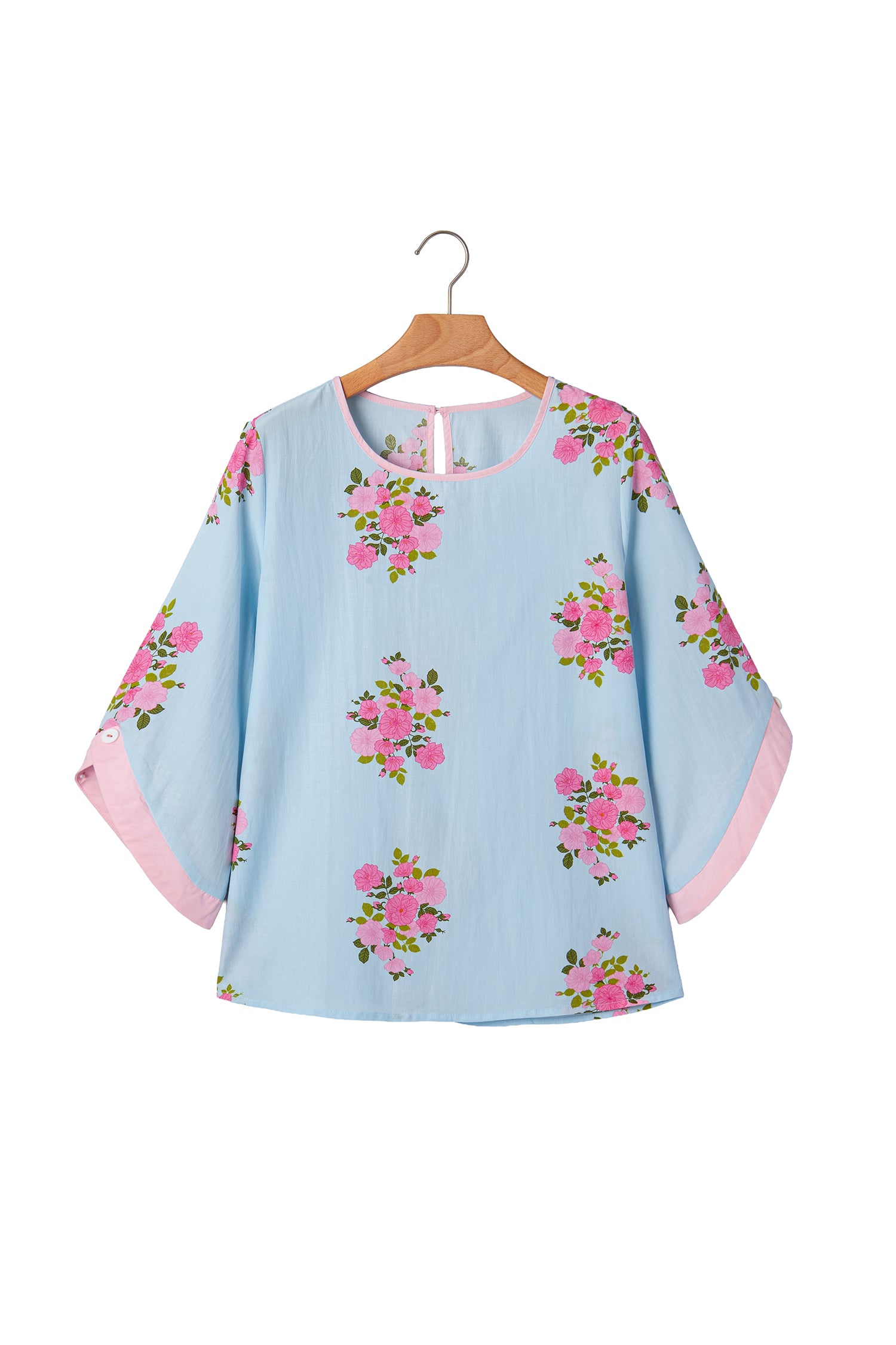 Women's Sky Blue Floral Print Button Cuff 3/4 Sleeve Round Neck Blouse at LivelyLooks