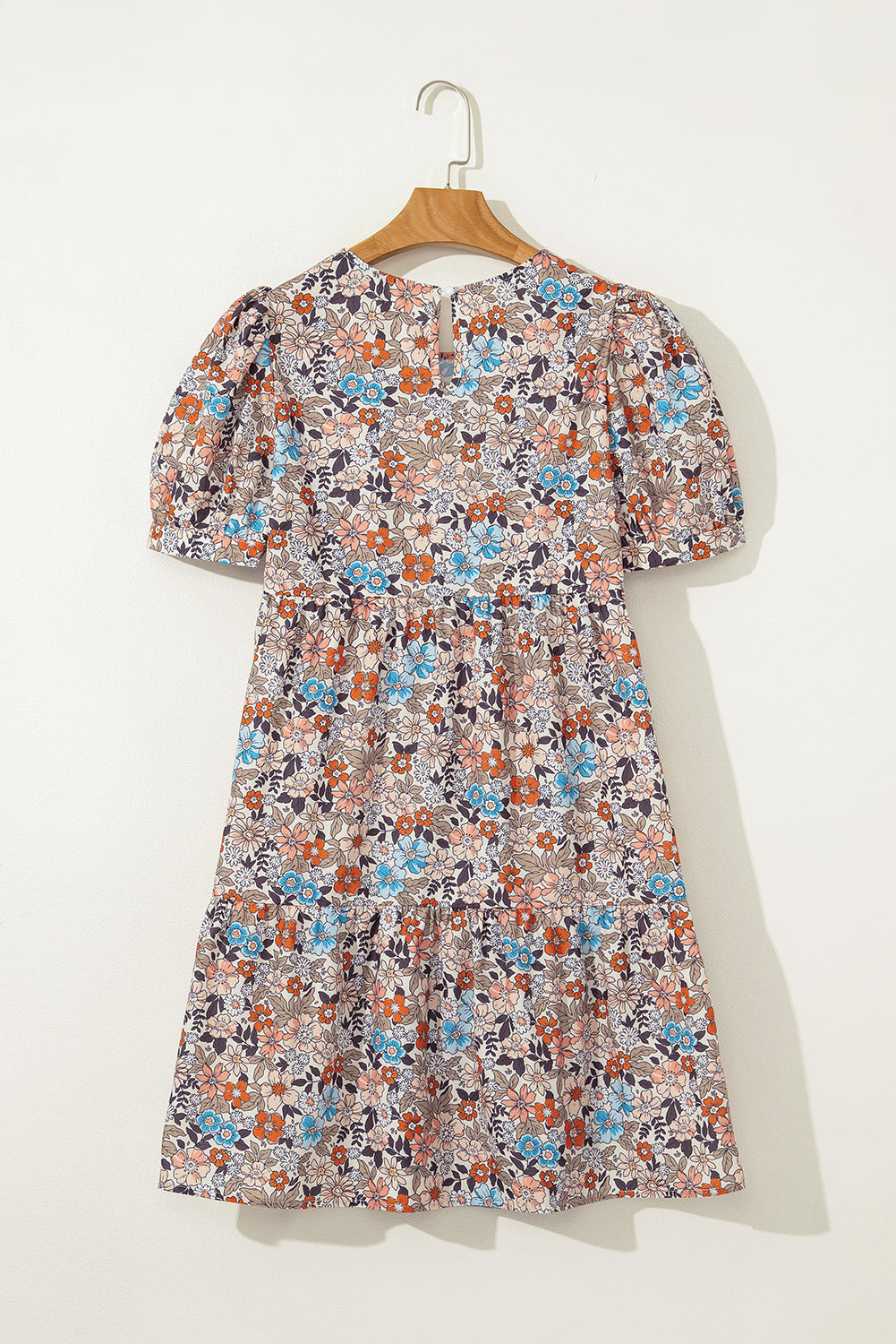 LivelyLooks Beige Boho Floral Puff Sleeve Crew Neck Mini Dress women's fashion