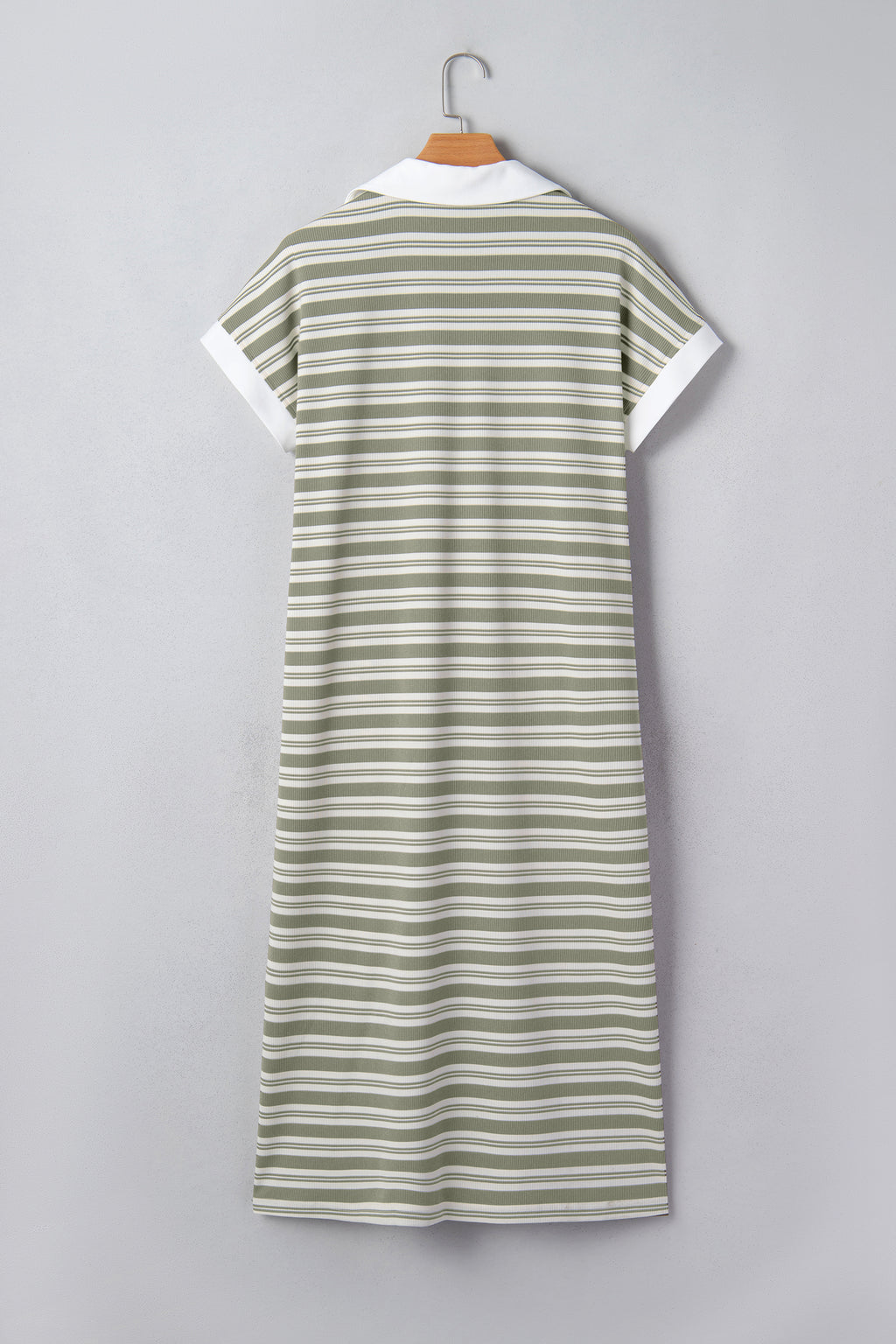 Shop Women's Stripe Collared V-Neck Short Sleeve T-Shirt Midi Dress Pockets Green at LivelyLooks