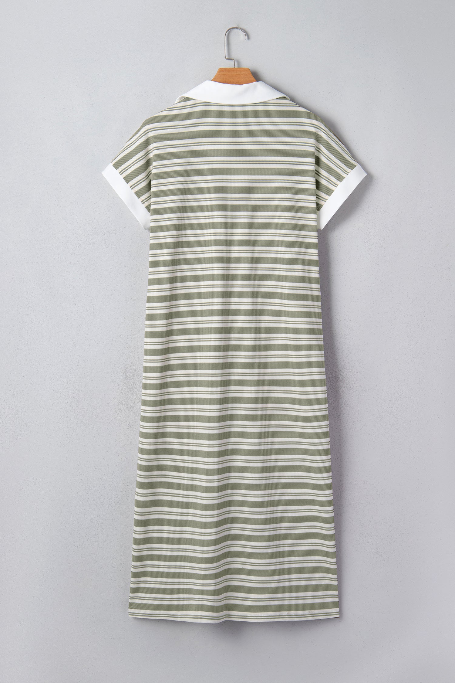 Shop Women's Stripe Collared V-Neck Short Sleeve T-Shirt Midi Dress Pockets Green at LivelyLooks