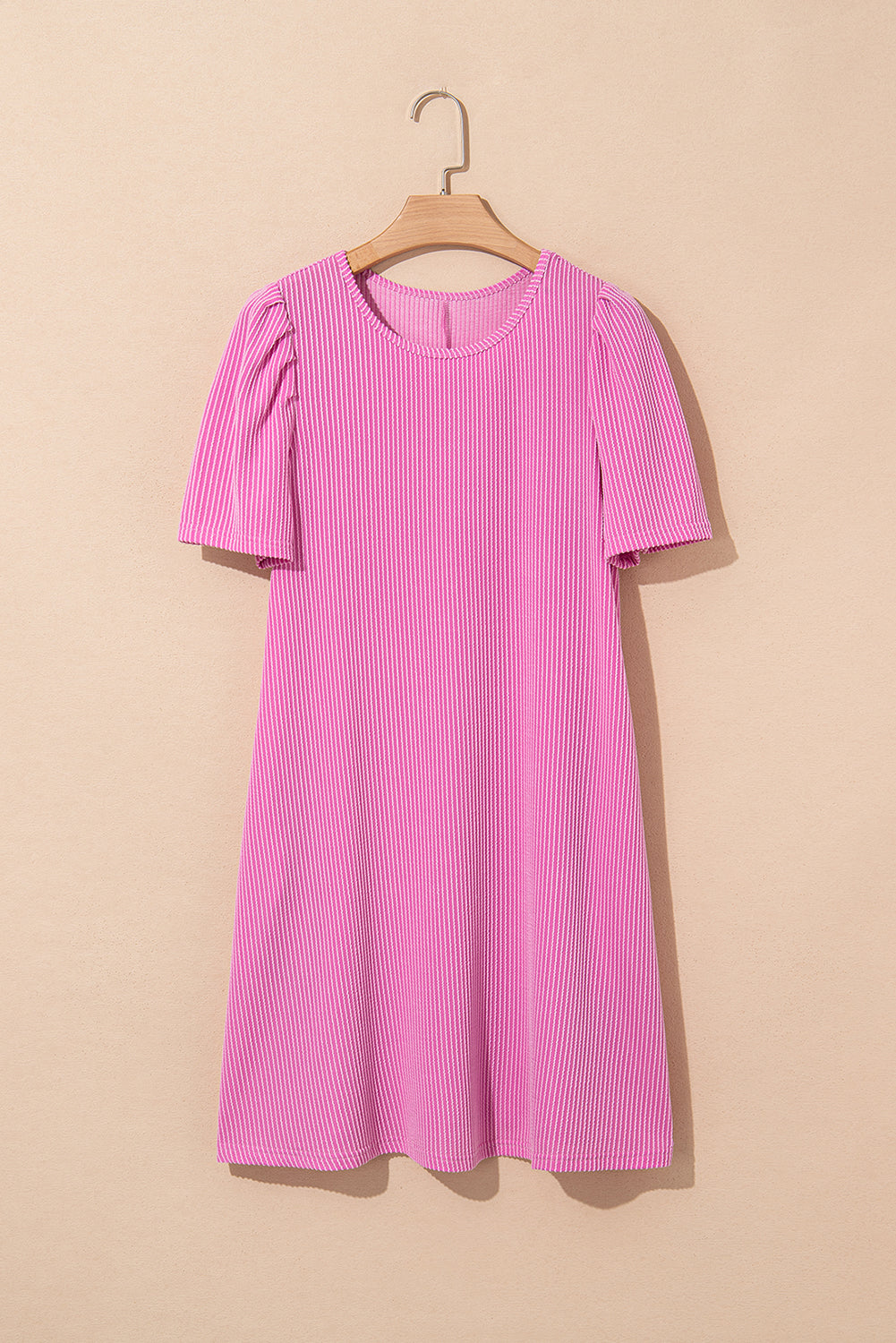 Corded Knit Crew Neck Puff Sleeve Shift Mini Dress S-XL