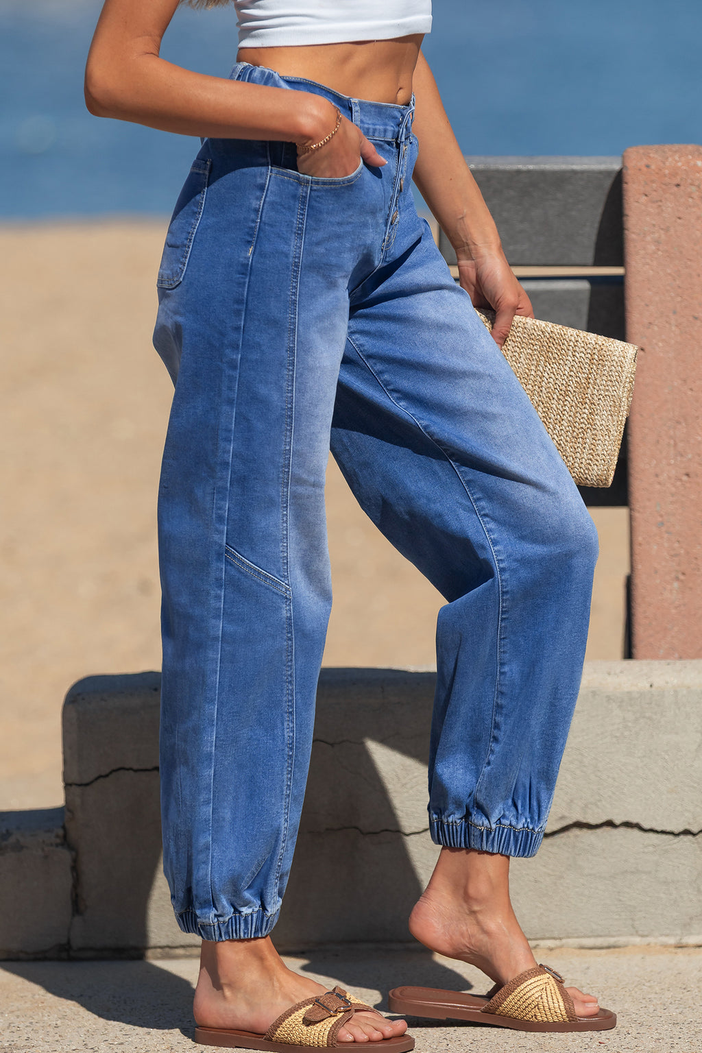 Shop Blue 4-Button Front Tapered Casual Loose Fit Jeans UK 8-20 at LivelyLooks