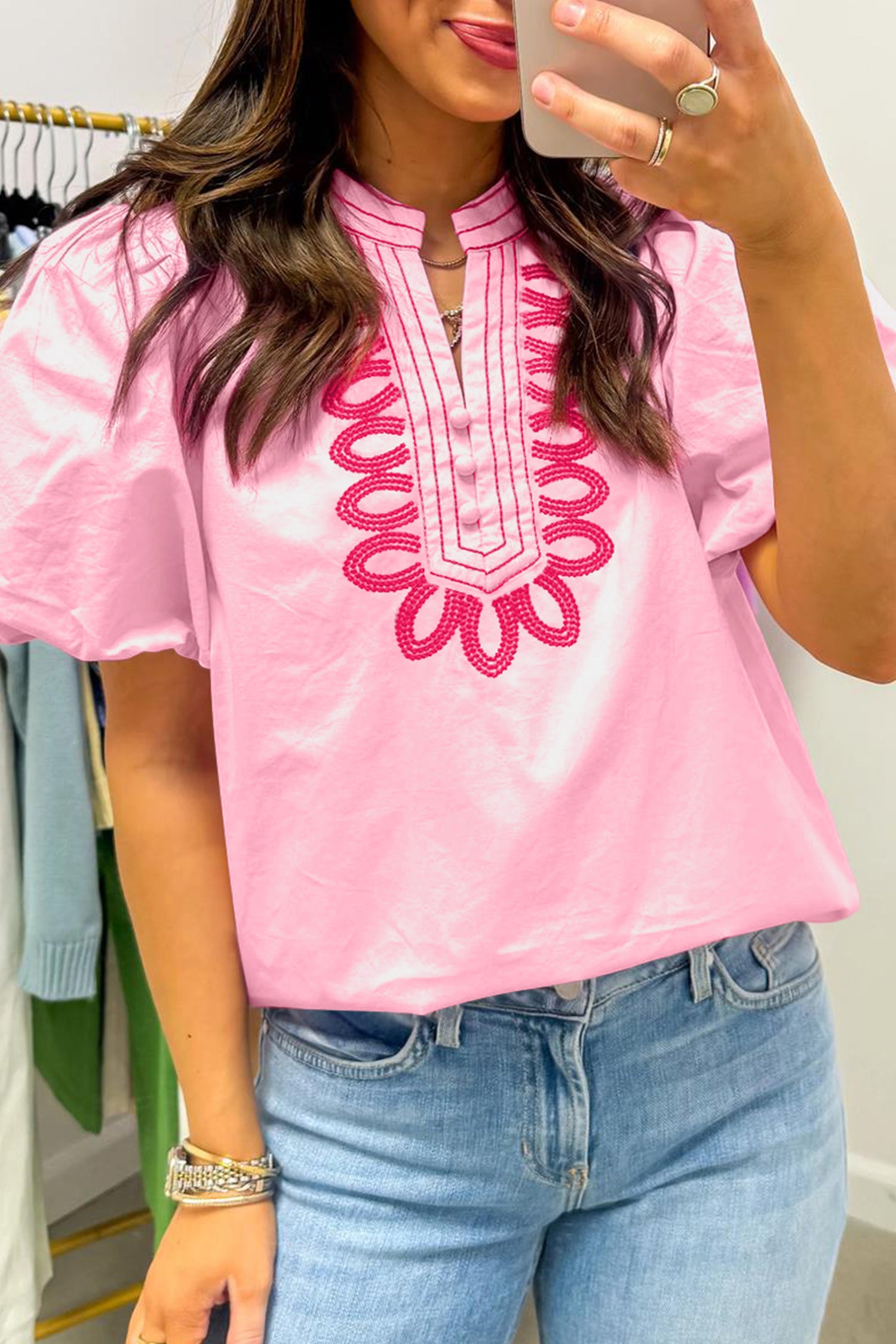 Pink Boho Embroidered Puff Sleeve Cotton Blouse | Sizes 8-22