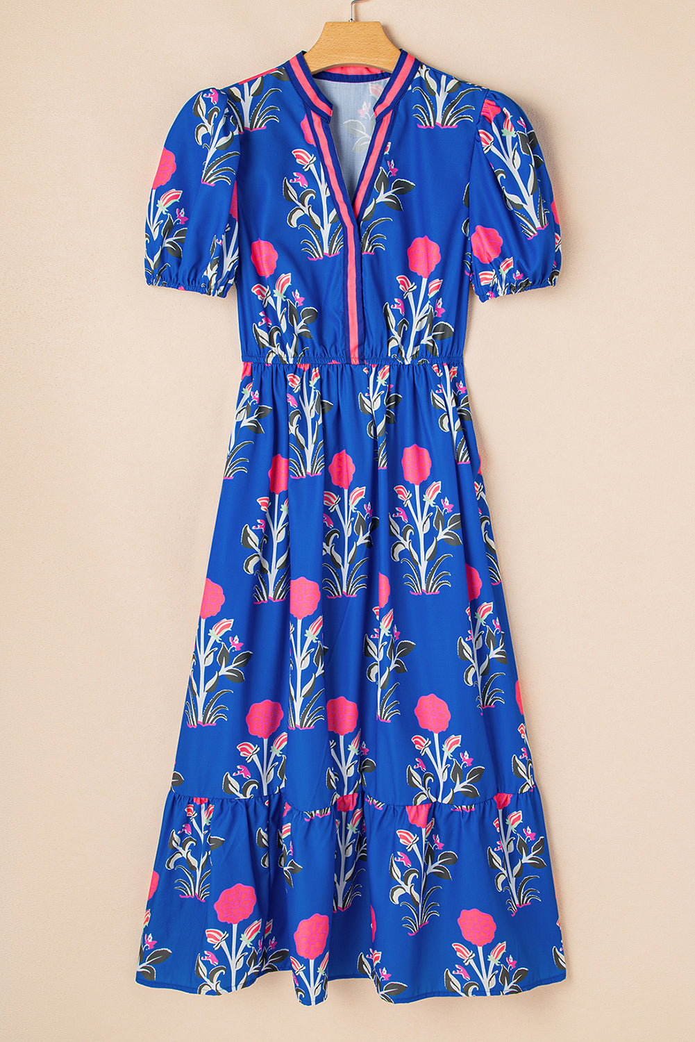 Women's Sky Blue Floral Puff Short Sleeve V Neck High Waist Maxi Dress at LivelyLooks