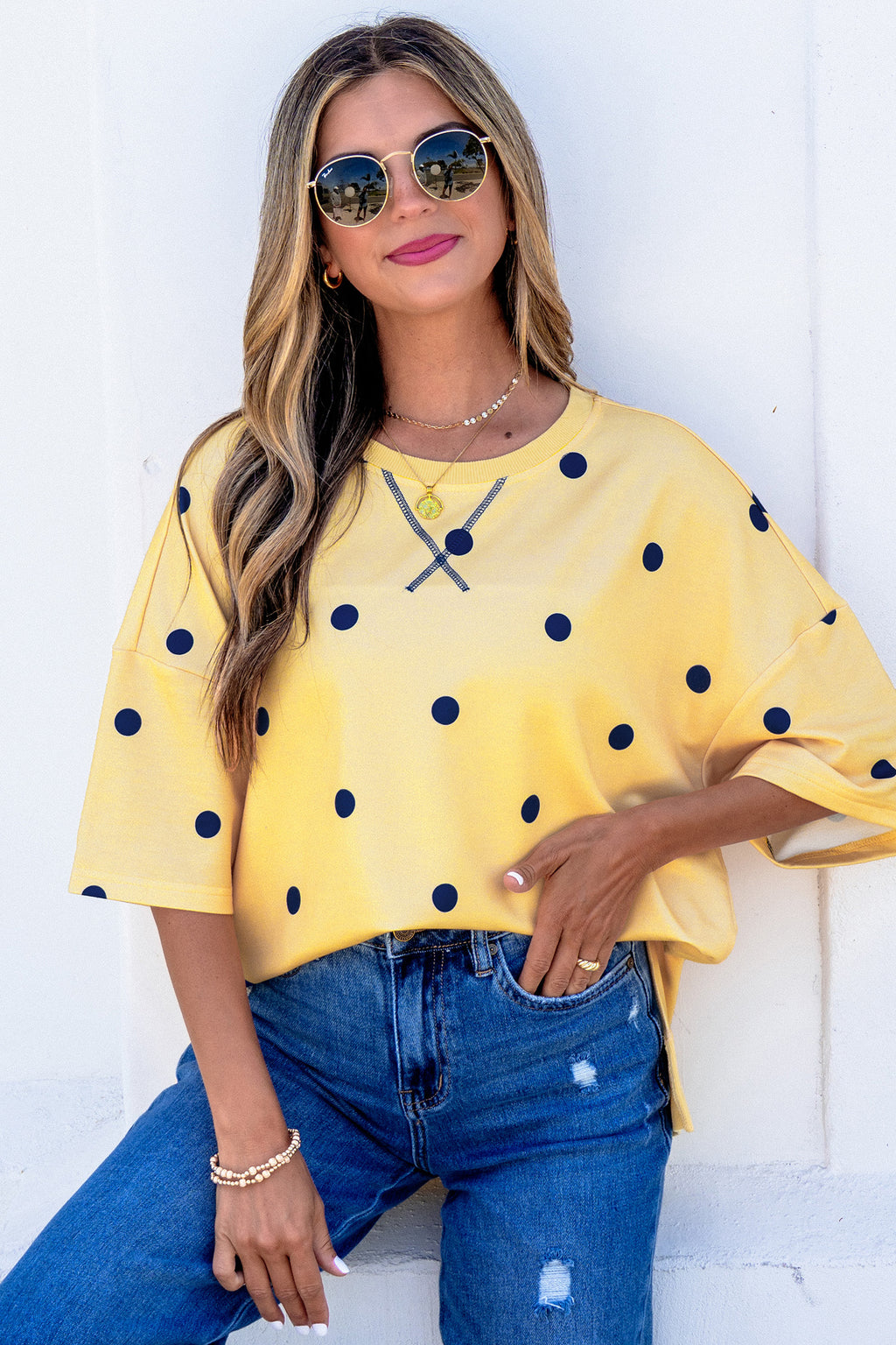 Women's Polka Dot Oversized Tee Crossed Seam Detail Yellow Sky Blue S-XL