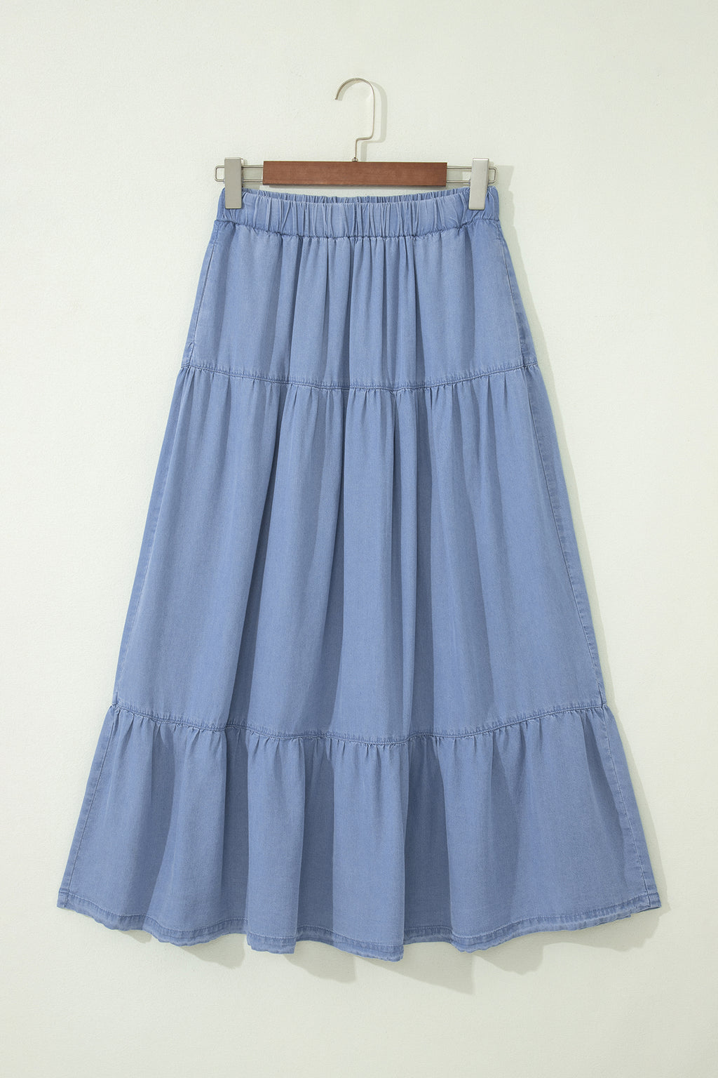 Women's Women's Flared Denim Maxi Skirt Tiered Ruffled Elastic Waist Blue S-XL at LivelyLooks
