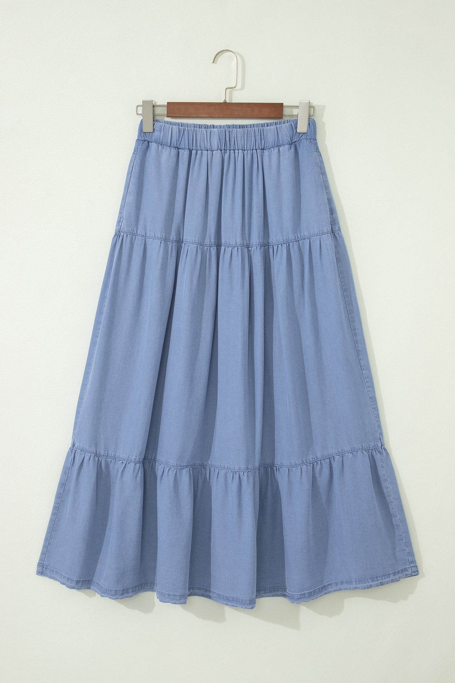 Women's Women's Flared Denim Maxi Skirt Tiered Ruffled Elastic Waist Blue S-XL at LivelyLooks