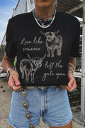 LivelyLooks Black Western Cow Print Round Neck Casual Tee Women S-XL women's fashion