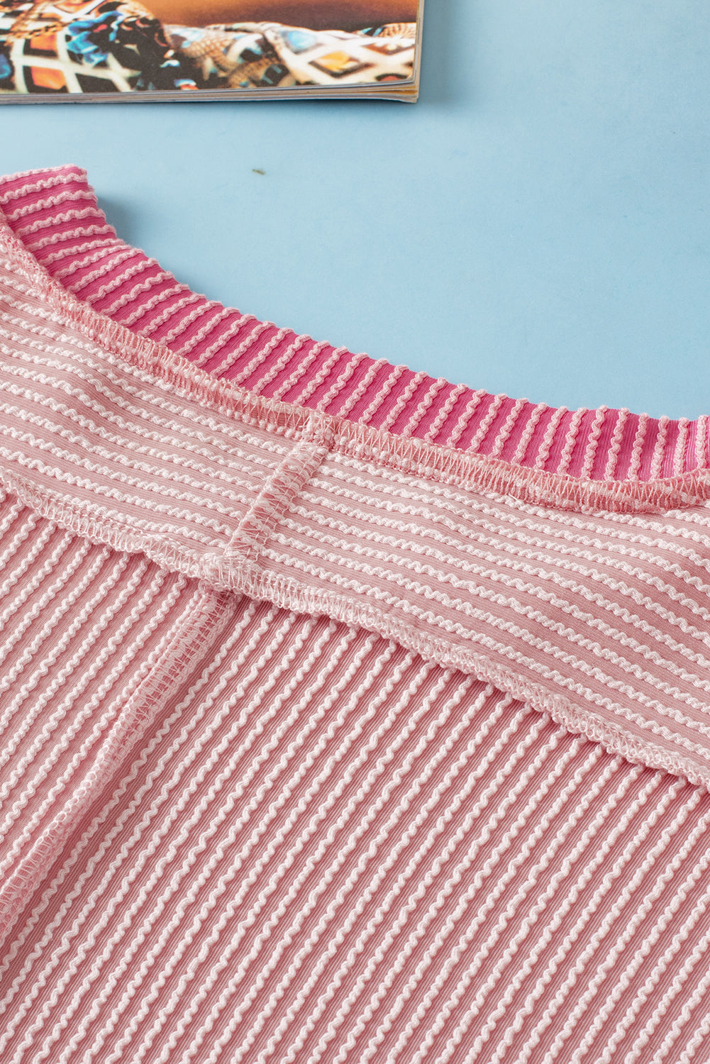 Light Pink Textured Contrast Trim Round Neck T-Shirt