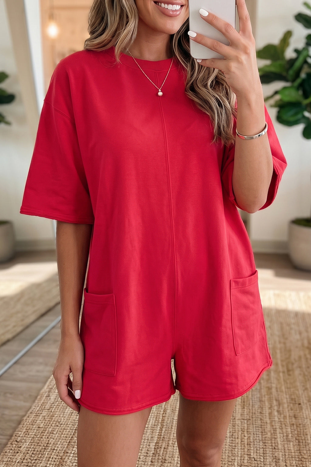 Solid Colour Raw Edge Half Sleeve Pocketed Loose Romper | Green, Pink & Red | UK 8-22