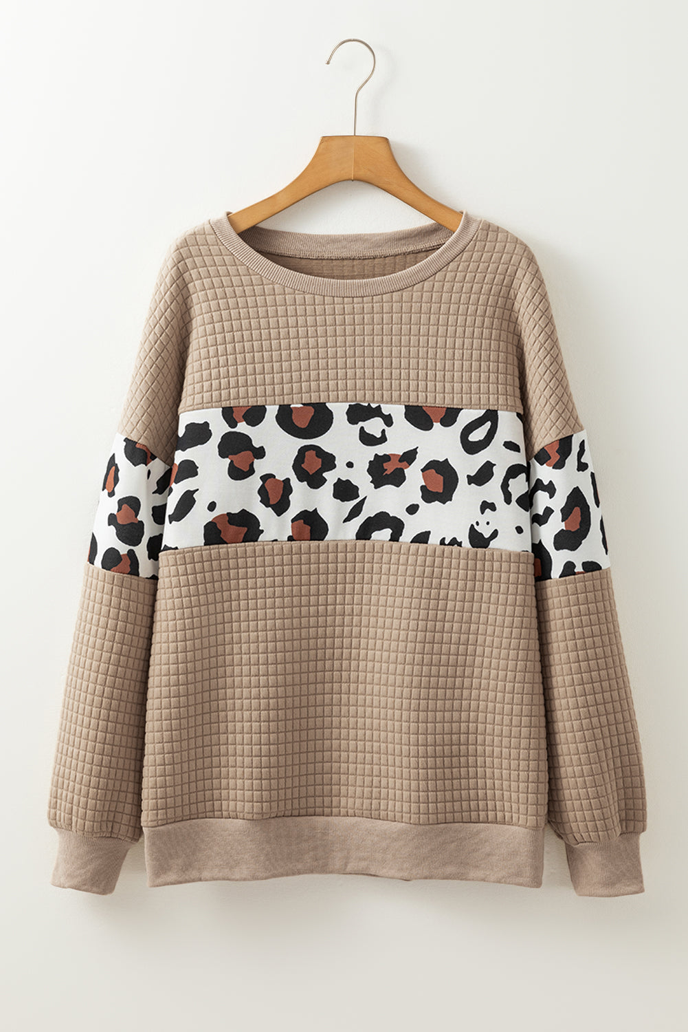LivelyLooks Leopard Quilted Patchwork Crew Neck Sweatshirt Animal Print Casual Jumper Top women's fashion