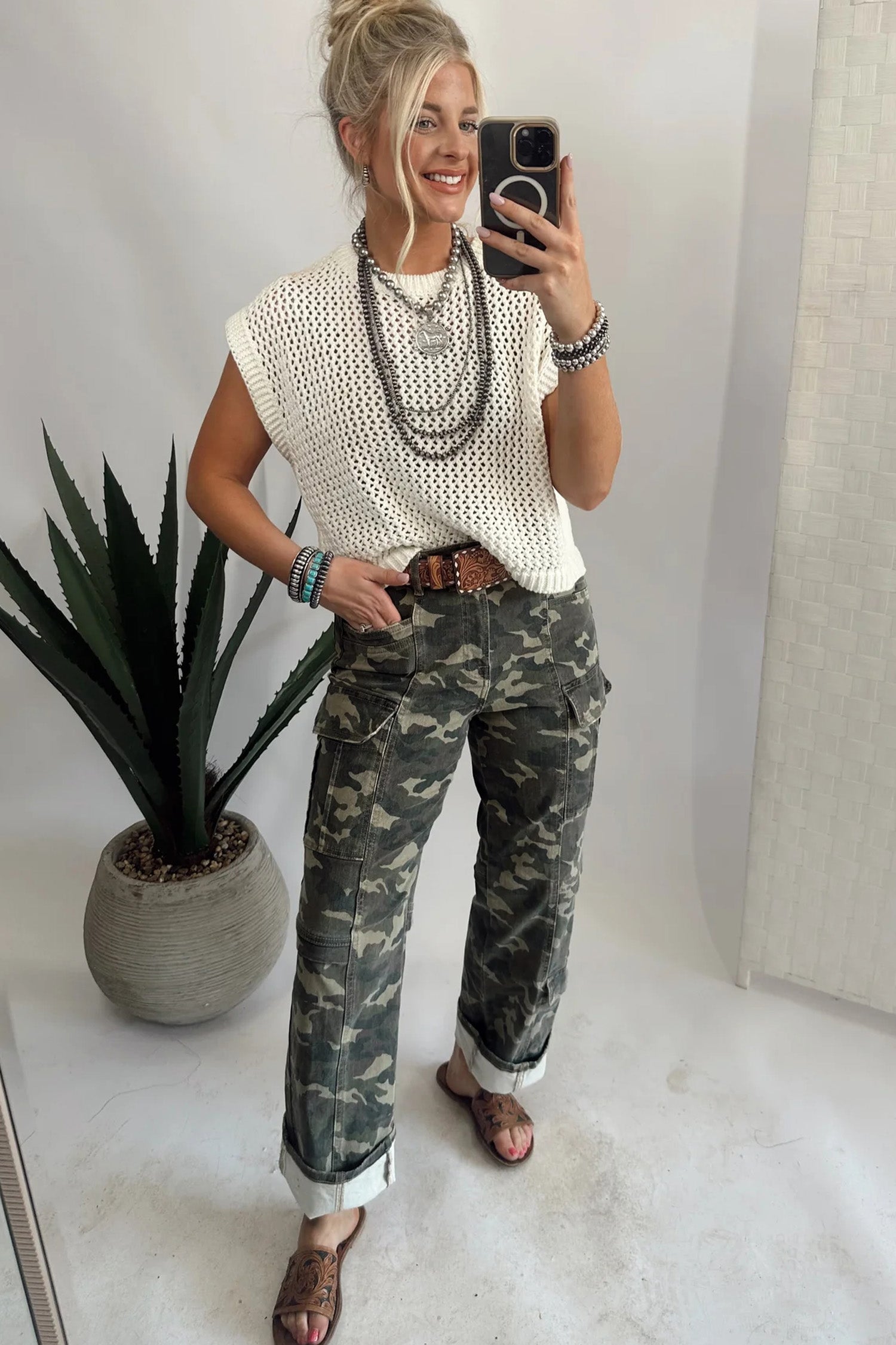 Shop Women's Green Camo Cargo Denim Jeans Multi-Pocket Stretch UK 4-16 at LivelyLooks