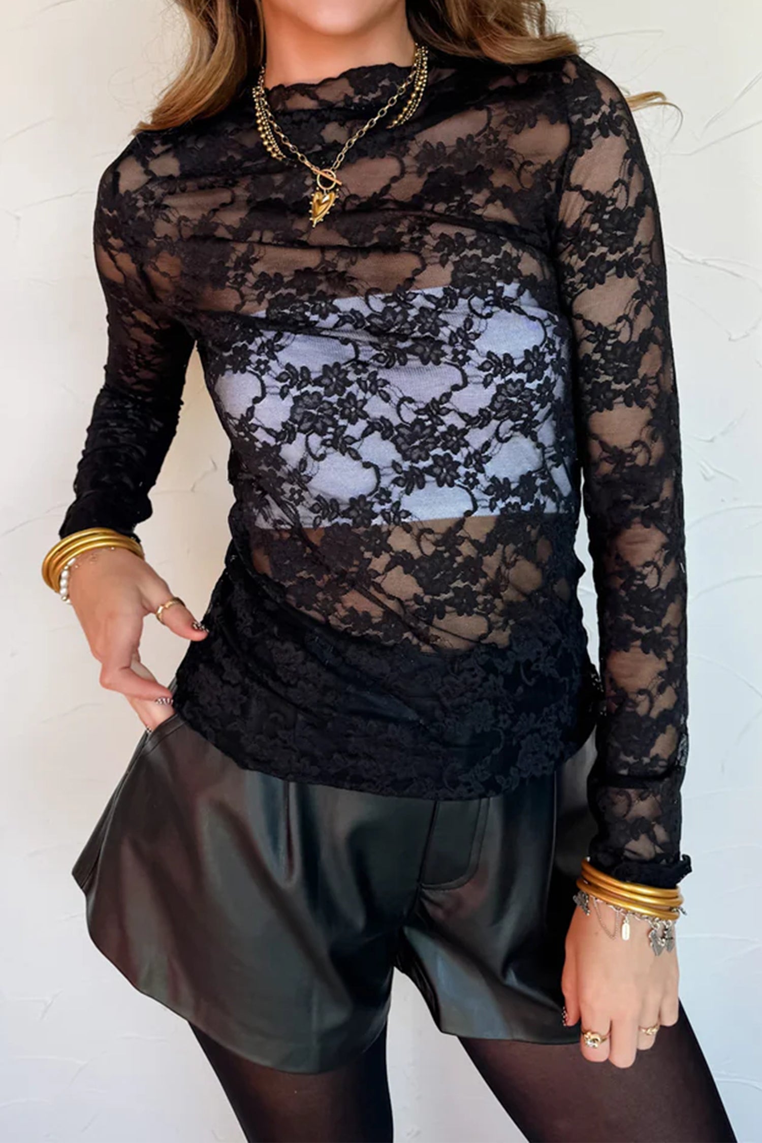 Women's Black Sheer Floral Lace Lettuce Trim Mock Neck Long Sleeve Top at LivelyLooks