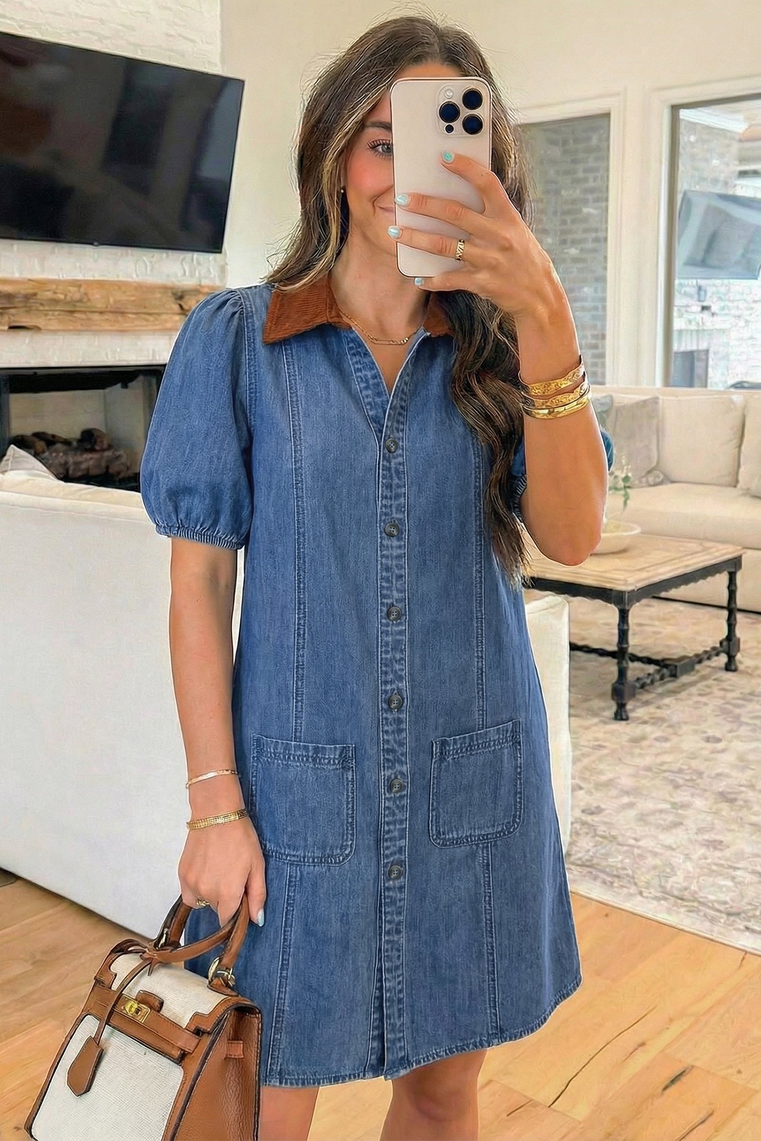 Women's Blue Denim Puff Sleeve Colour Block Shirt Collar Patchwork Mini Dress at LivelyLooks