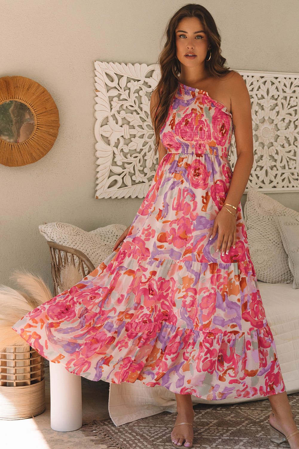LivelyLooks Pink Abstract Floral Shirred One-Shoulder Maxi Dress women's fashion