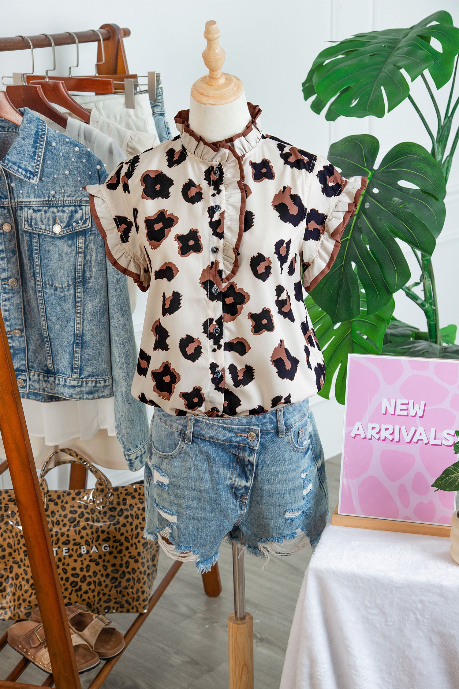 Khaki Leopard Printed Ruffle Sleeve Summer Blouse Animal Pattern Holiday Top