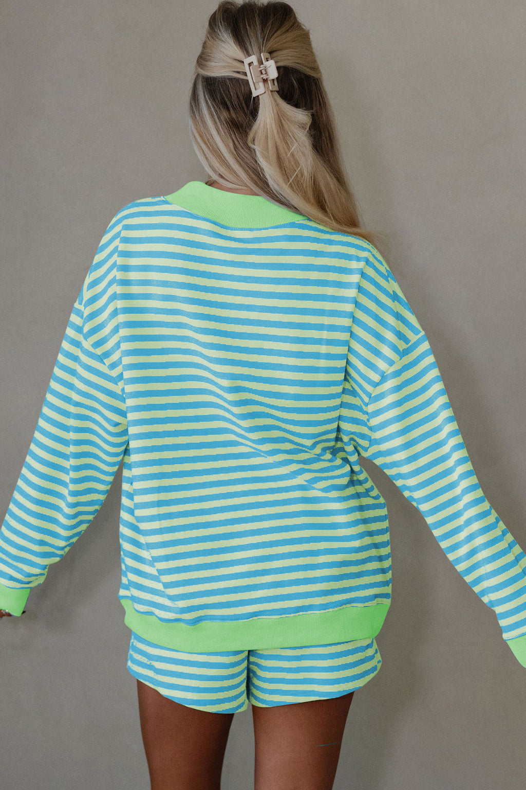 Stripe Colour Block Long Sleeve Pullover & Shorts Set | Pink, Yellow & Green Stripe