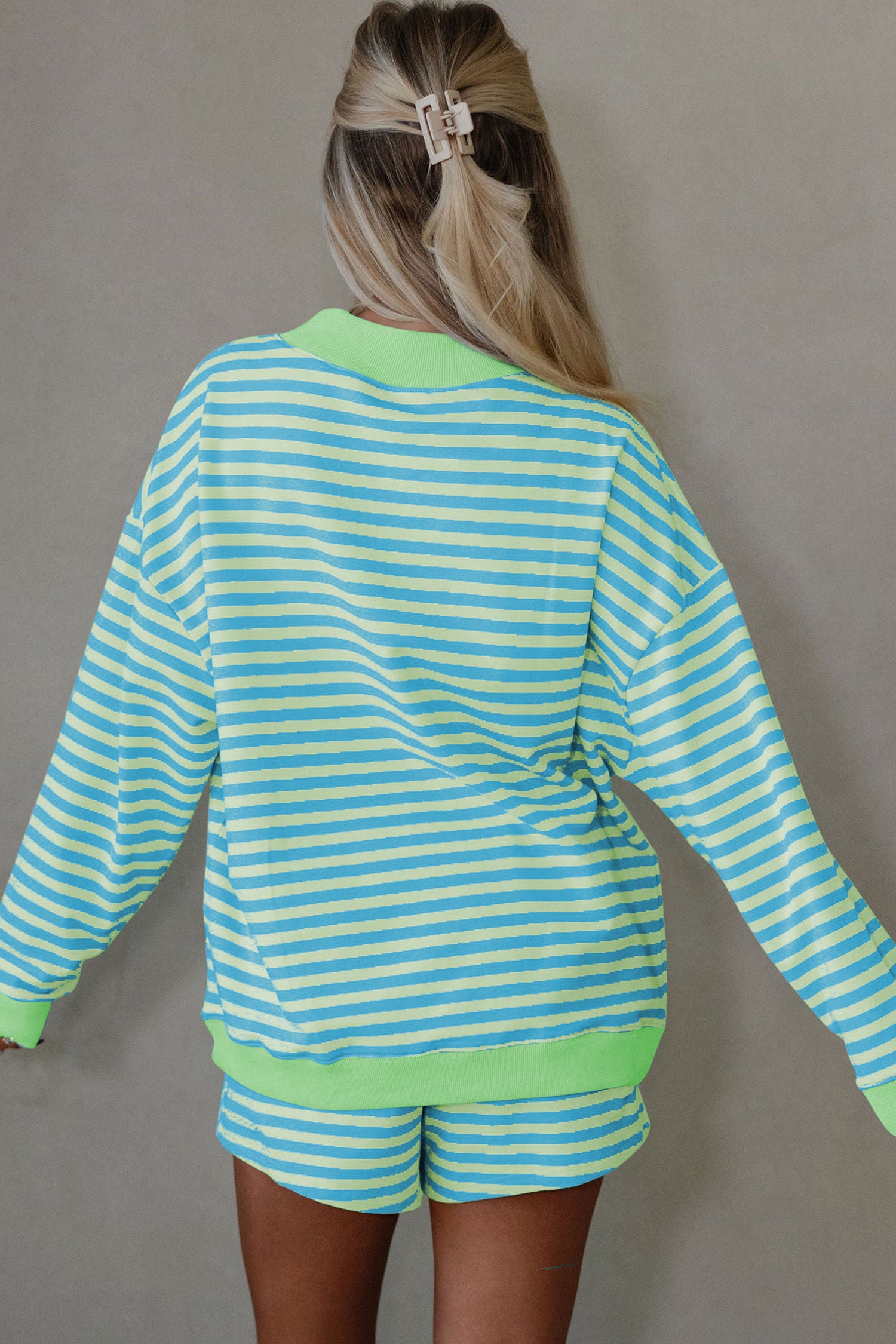 Stripe Colour Block Long Sleeve Pullover & Shorts Set | Pink, Yellow & Green Stripe