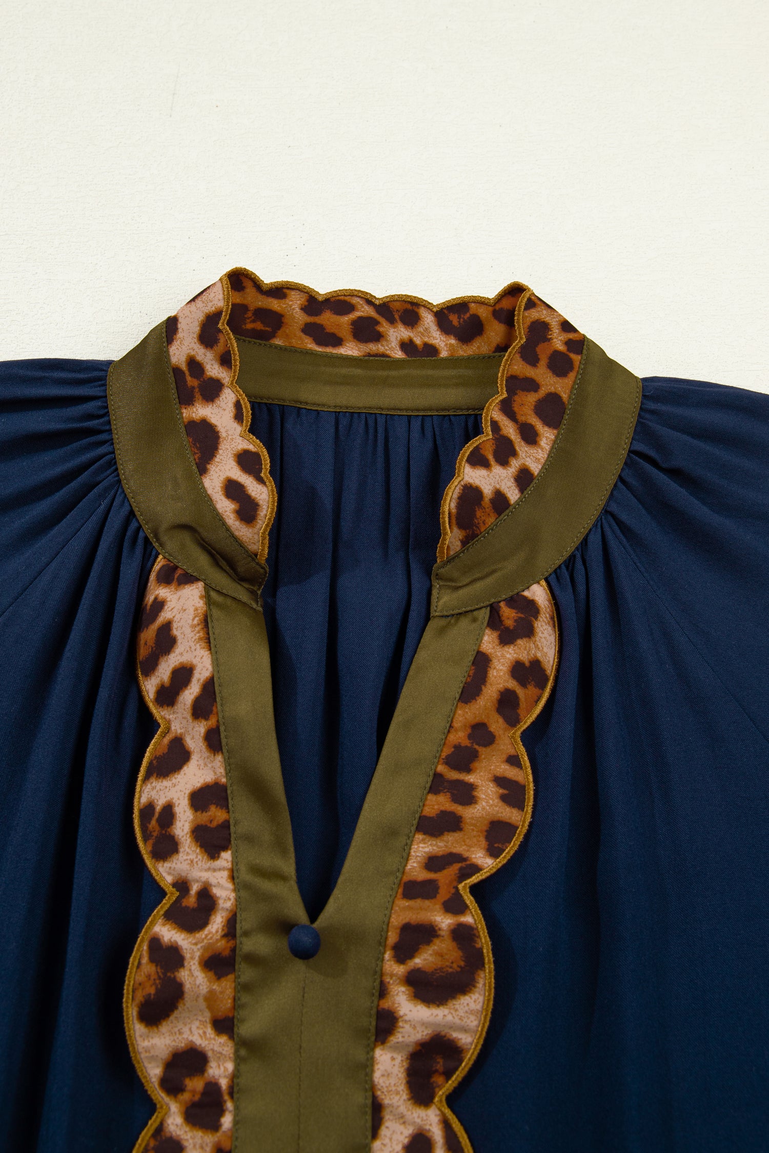 Women's Navy Blue Button Detail Leopard Metallic Trim Short Sleeve Tunic Dress at LivelyLooks