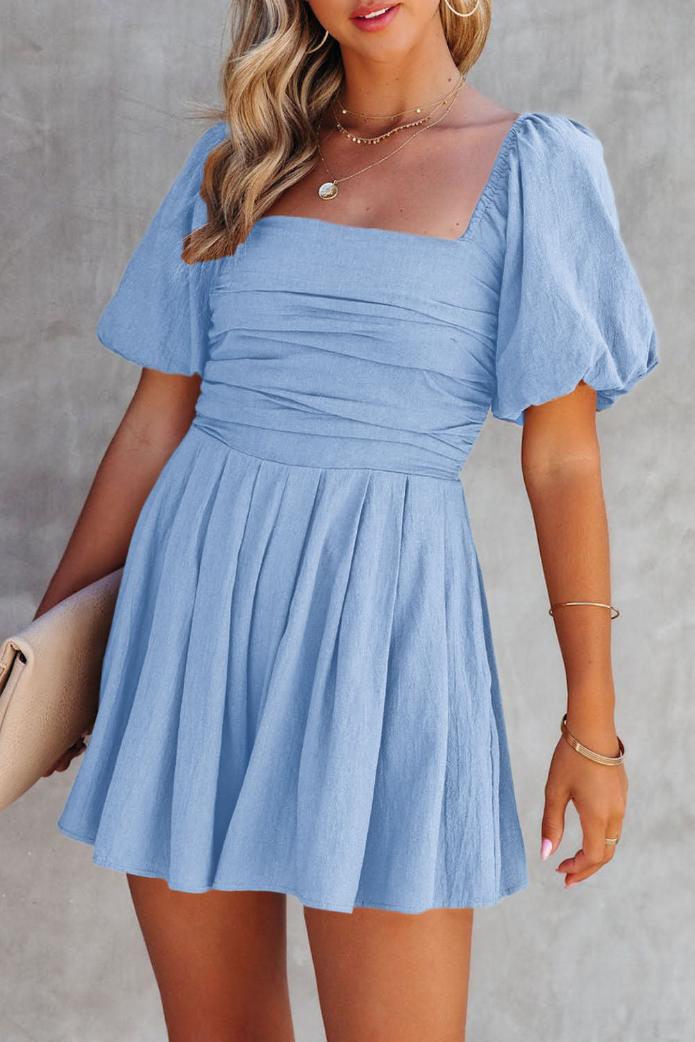 Women's Sky Blue & Brown Square Neck Ruched Puff Sleeve Romper at LivelyLooks