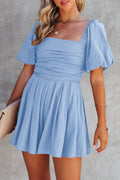 Women's Sky Blue & Brown Square Neck Ruched Puff Sleeve Romper at LivelyLooks
