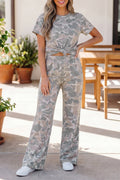 Multicolour Camouflage Short Sleeve Top & High Waist Wide Leg Pants Set | UK 8–22