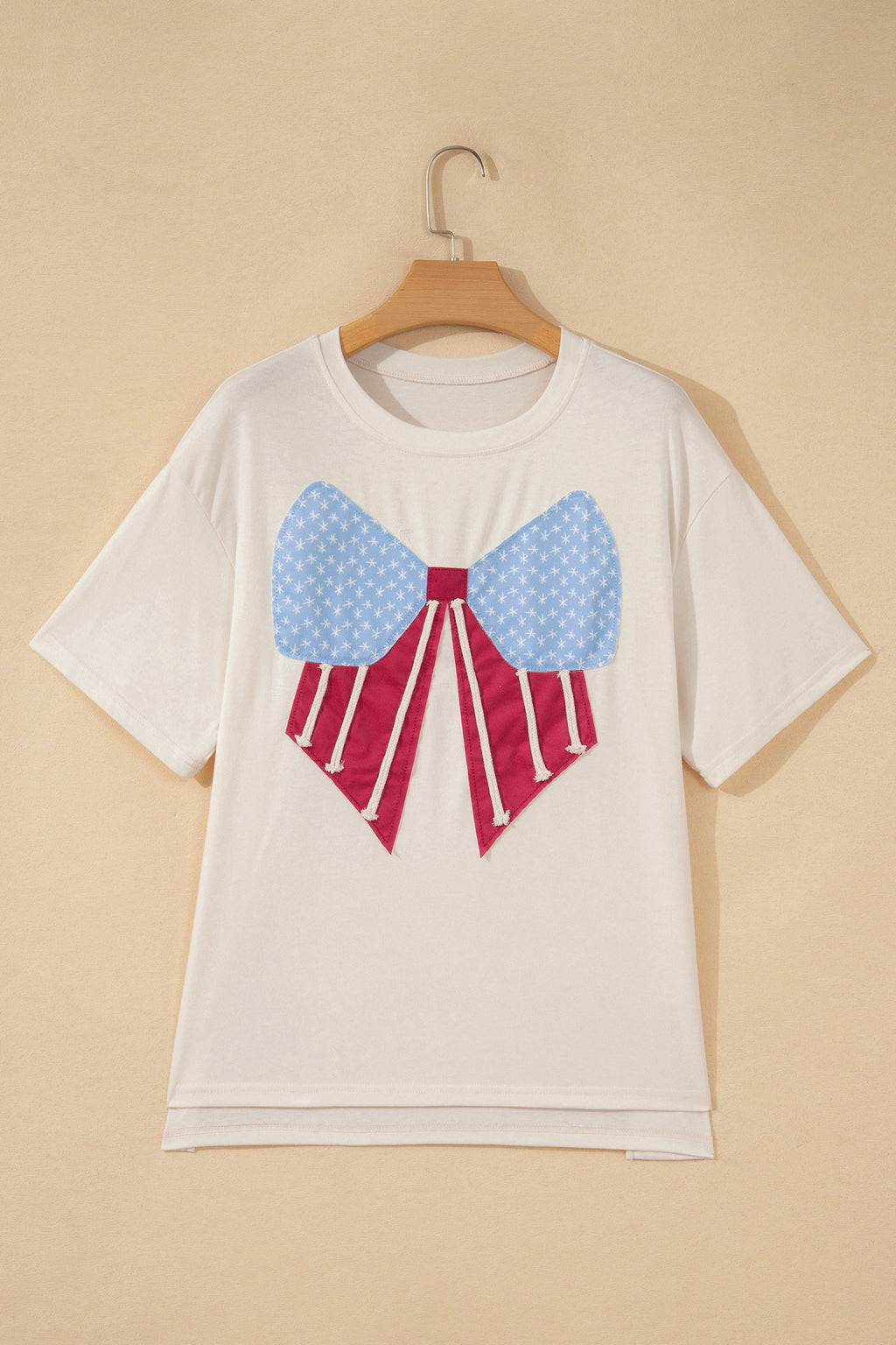 White Loose Knit Tee Vintage Flag Bow Patch Short Sleeve Women S-XL