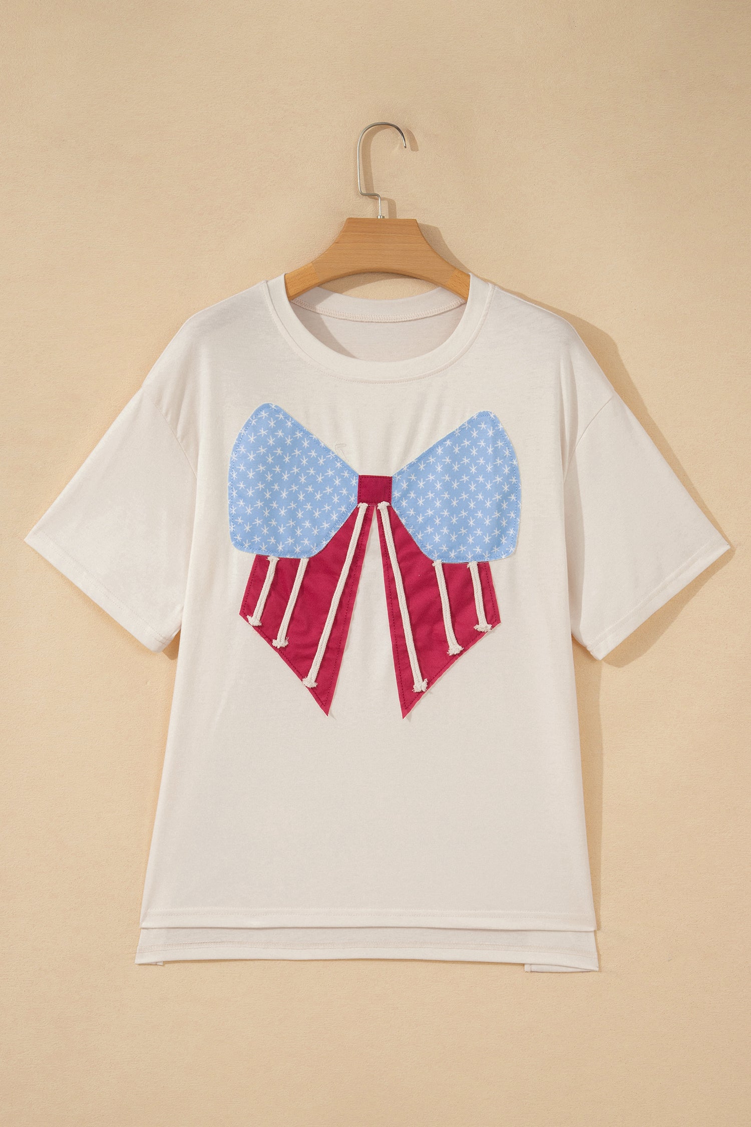 White Loose Knit Tee Vintage Flag Bow Patch Short Sleeve Women S-XL