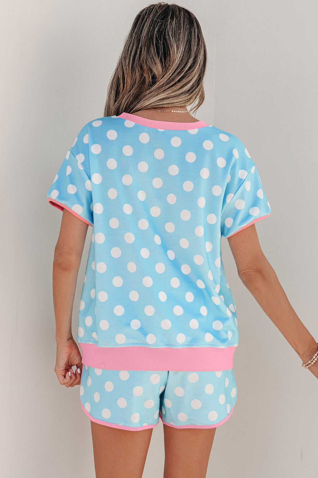 Polka Dot Contrast Edge Casual Short Set Pink Sky Blue Women S-XL