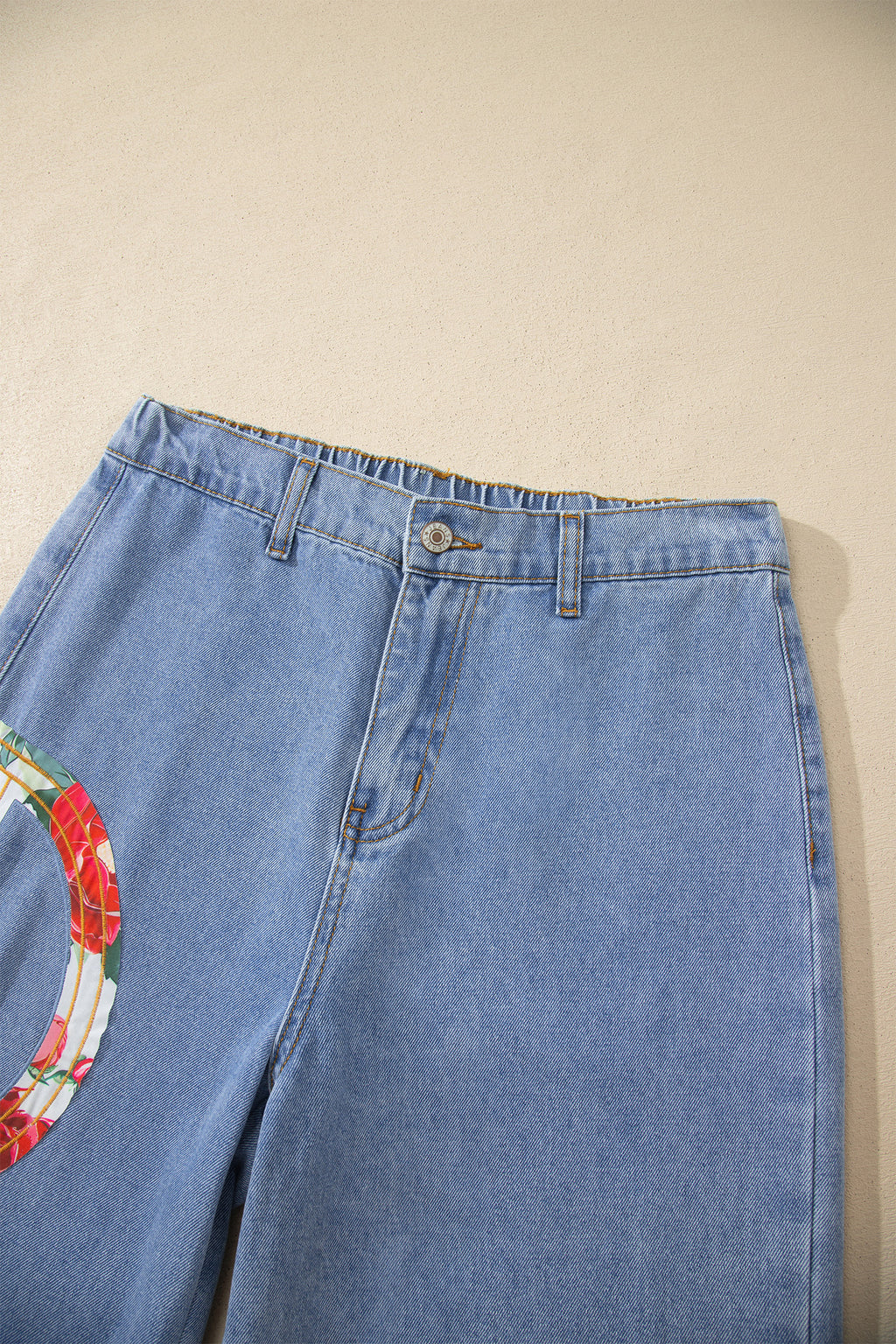 Blue Floral Peace Sign Embroidered Patch Wide Leg Jeans | Boho Denim | UK 4-14