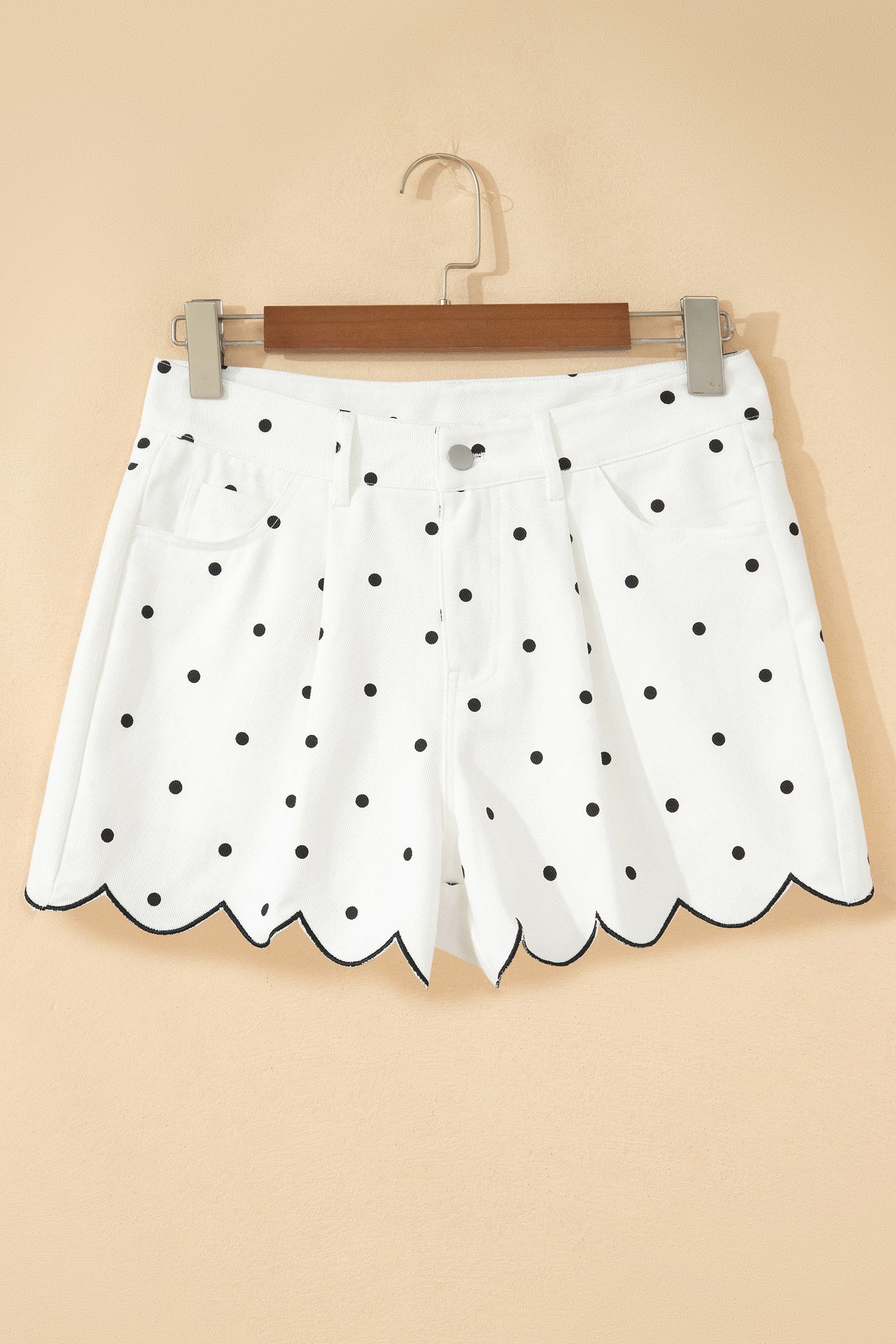 Women's White Polka Dot Embroidered Scallop Hem Shorts | UK 8-20 at LivelyLooks