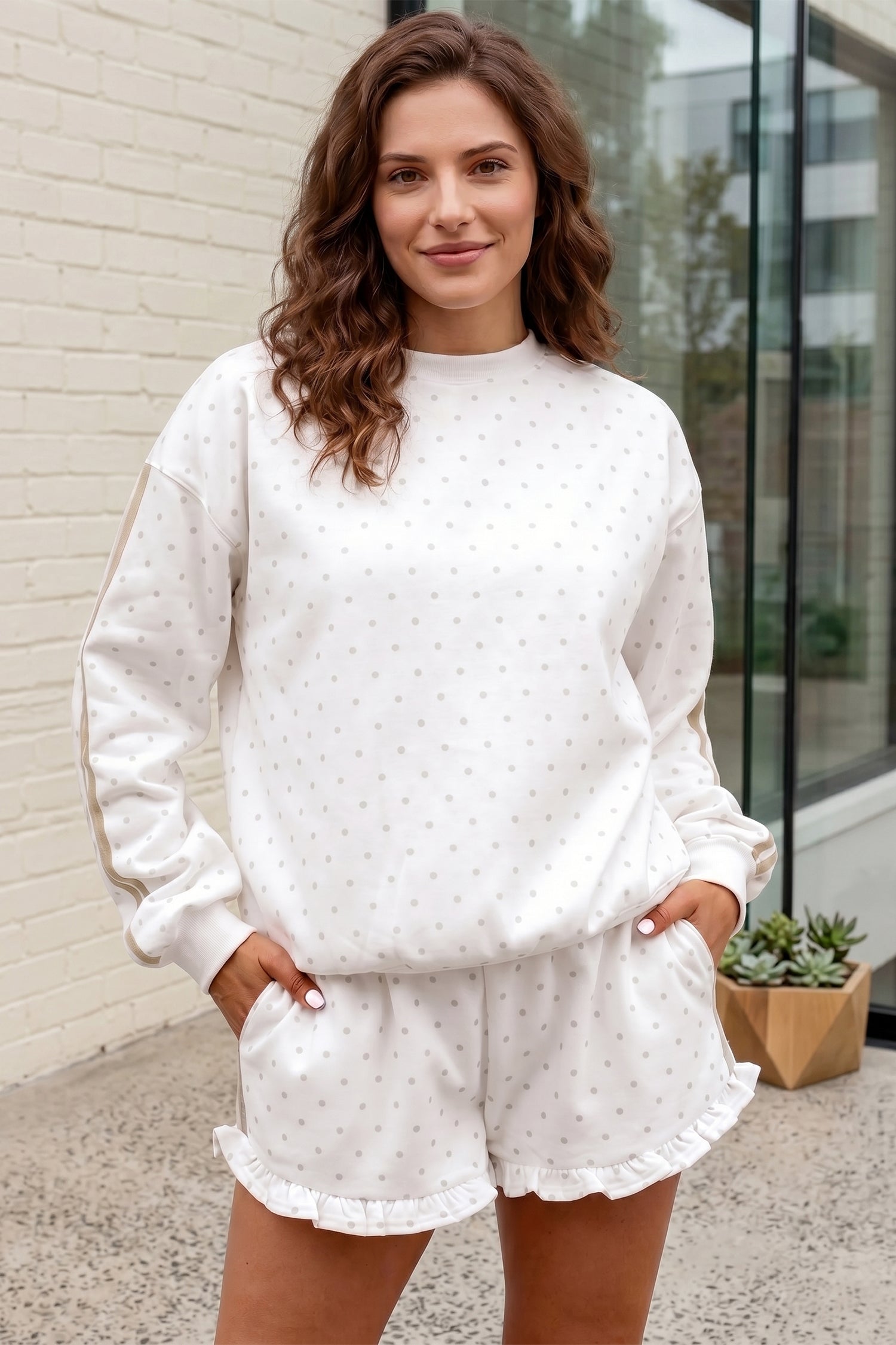 White Polka Dot Side Stripe Casual Sweatshirt & Shorts Set | UK 8–22