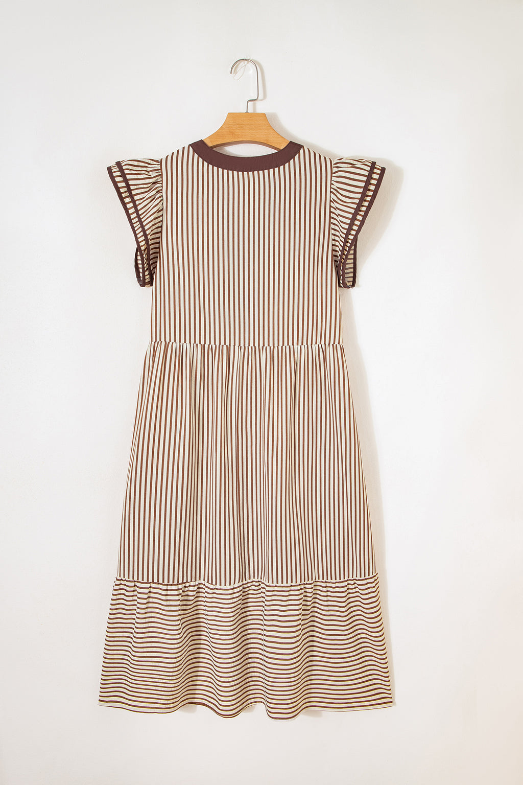 Stripe Double Ruffle Sleeve V-Neck Midi Dress | Green, Brown & Black
