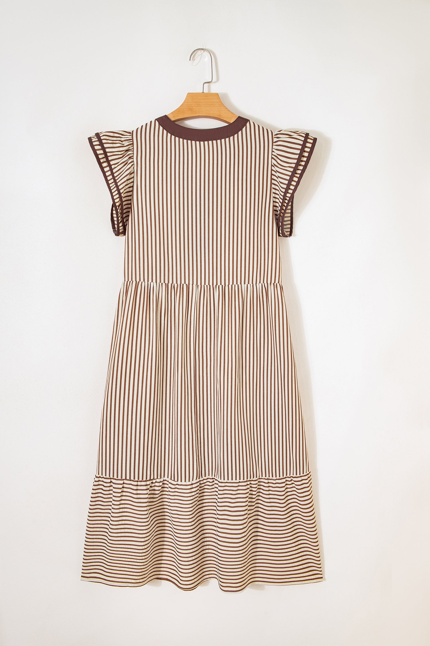 Stripe Double Ruffle Sleeve V-Neck Midi Dress | Green, Brown & Black
