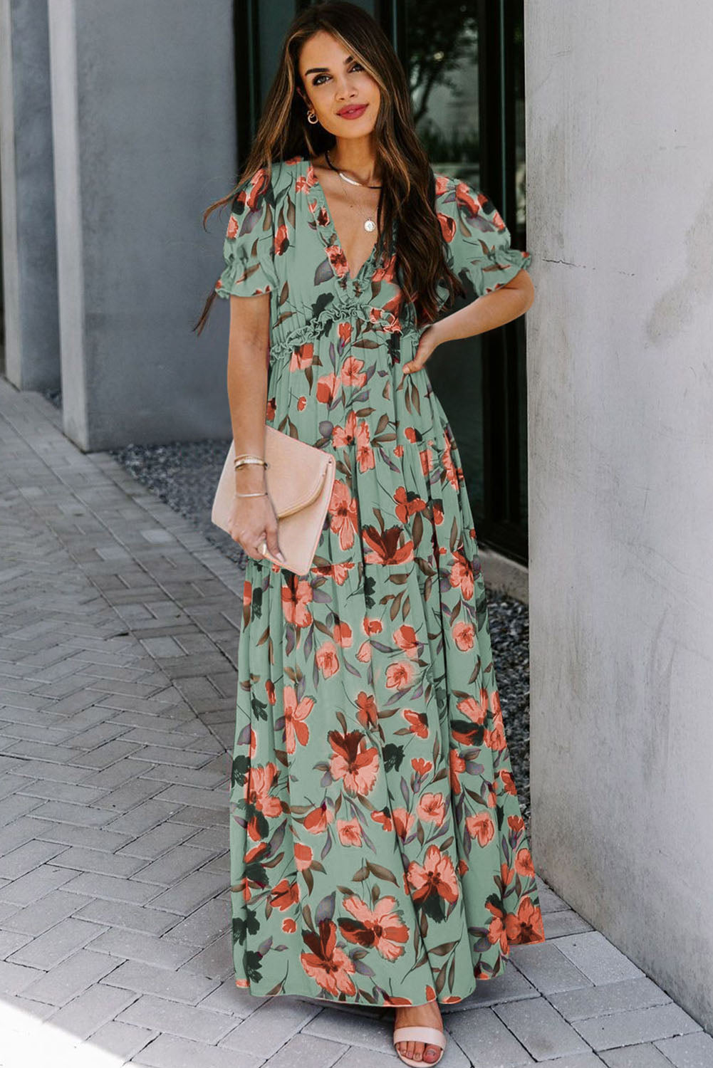 Women's Floral Print Frilled V-Neck Short Sleeve Maxi Dress Blue Black Green S-XL at LivelyLooks