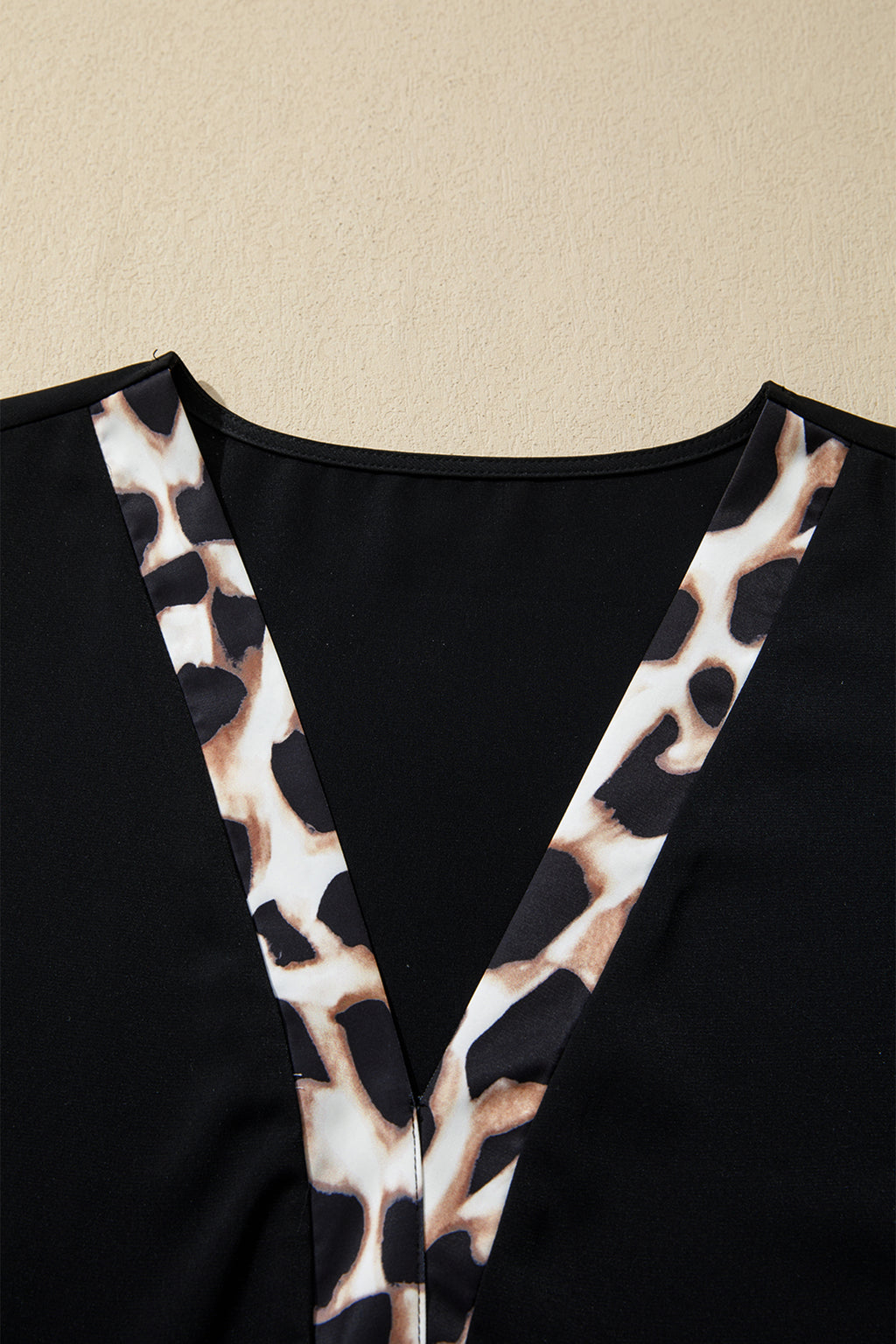 Women's Black Plus Size Leopard Patchwork V Neck 3/4 Sleeve Ruffle Hem Mini Dress at LivelyLooks