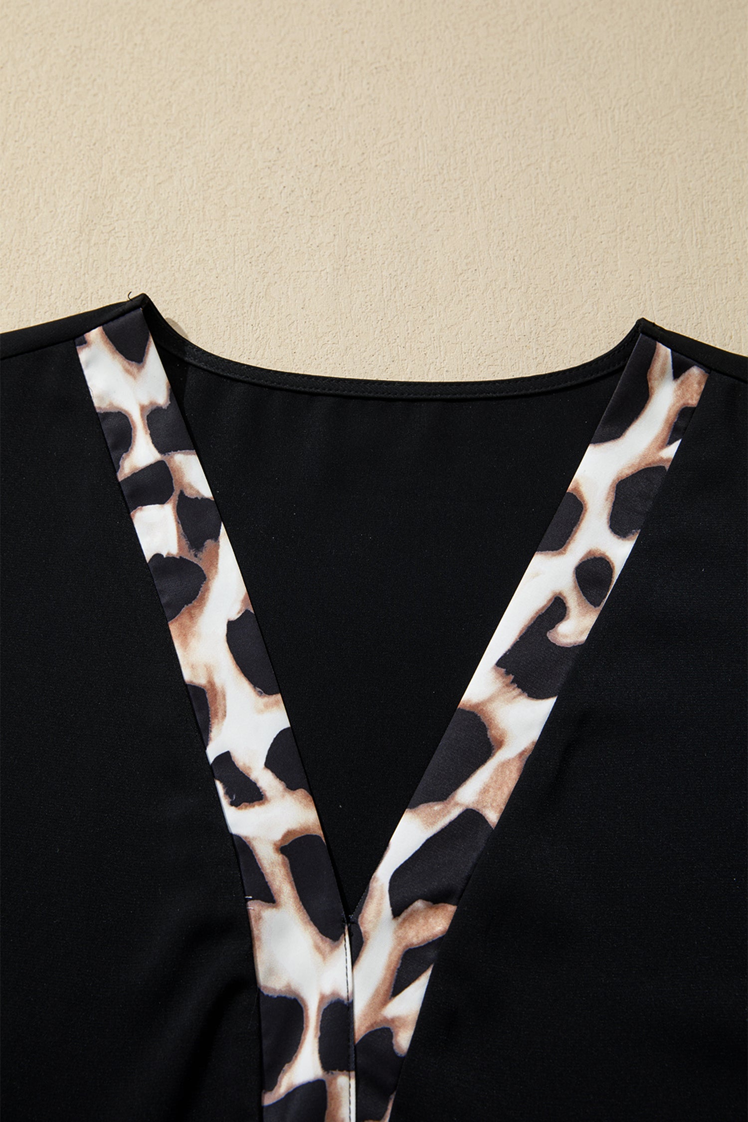 Women's Black Plus Size Leopard Patchwork V Neck 3/4 Sleeve Ruffle Hem Mini Dress at LivelyLooks